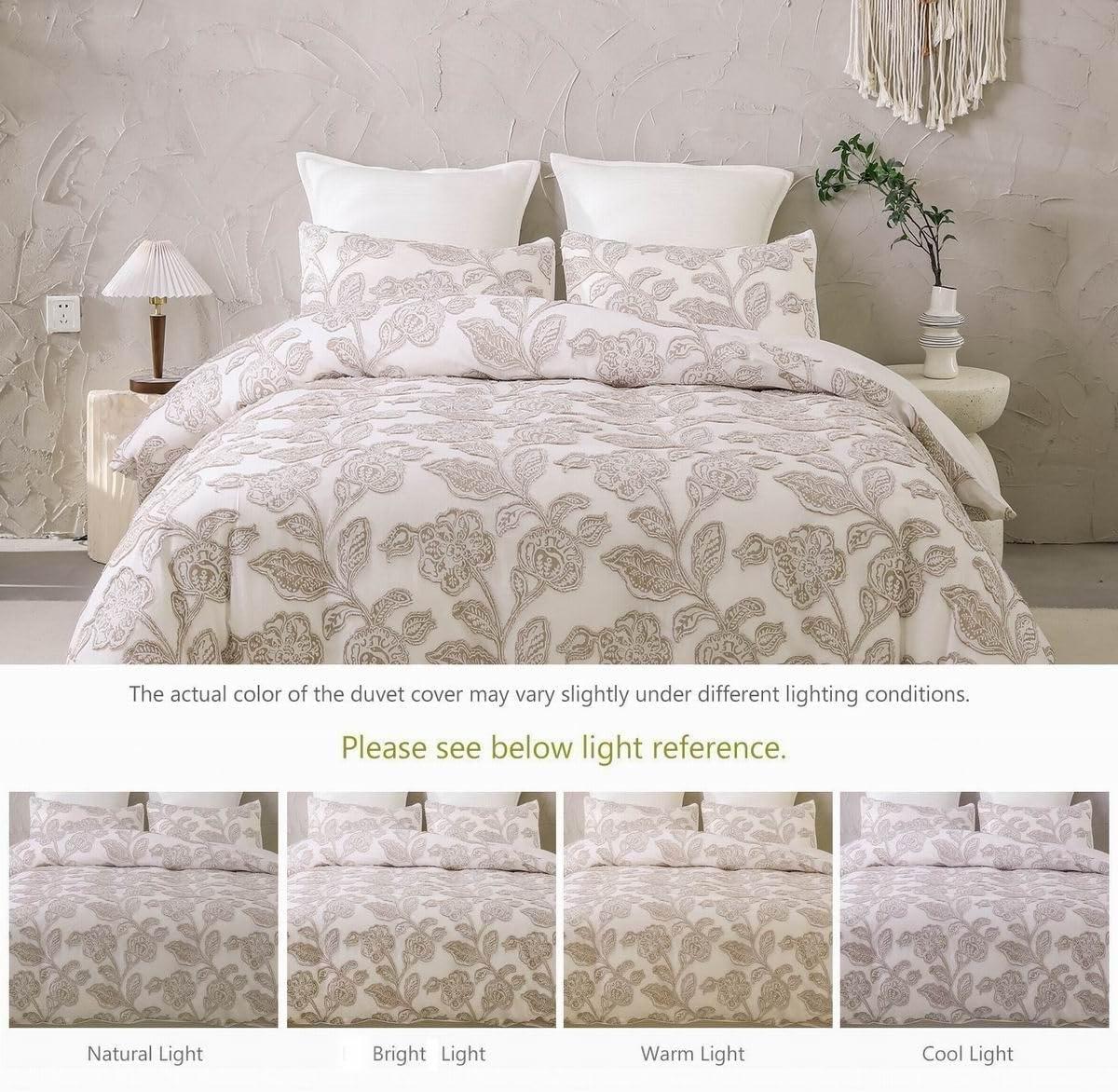 Khaki Cotton Jacquard Floral Queen Duvet Cover Set