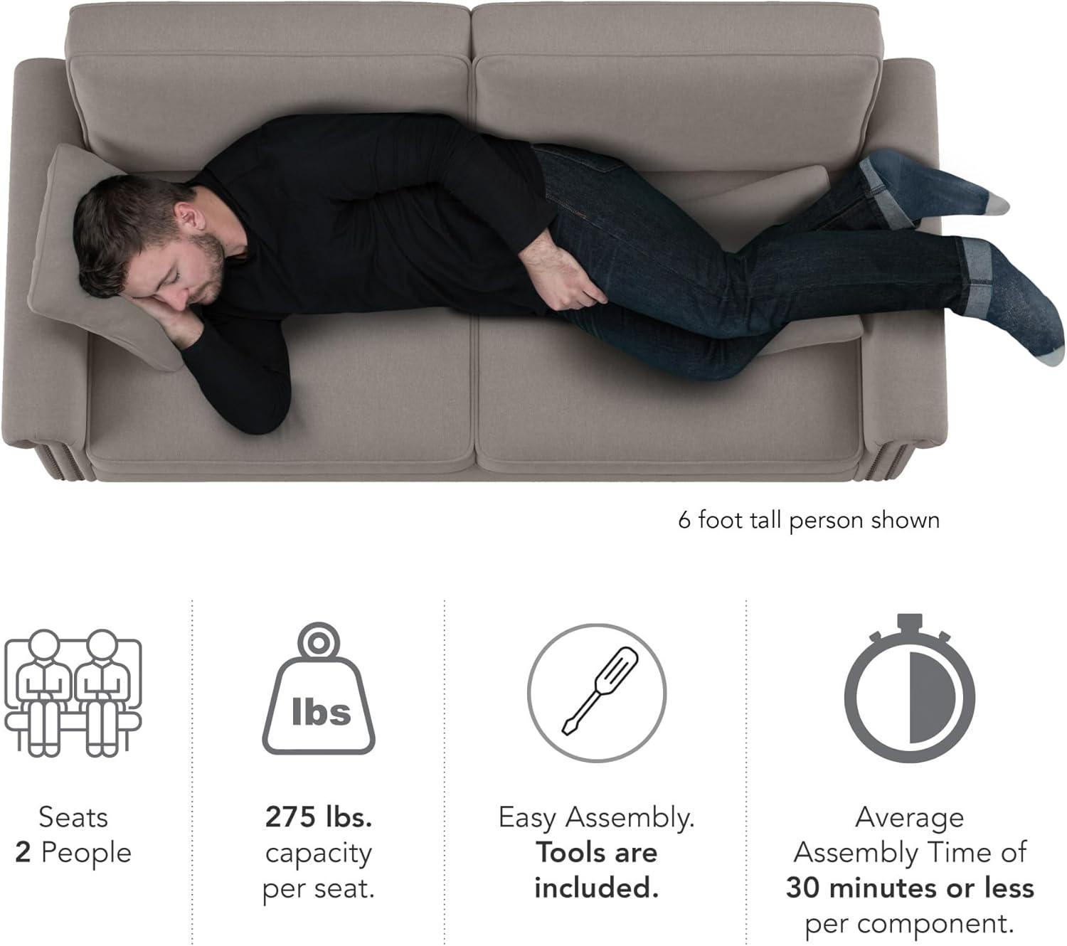 Bush Furniture 73 Inch Living Room Sofa, Pet-Friendly Couch with Fabric Upholstery and Nailhead Trim, Traditional, Coventry Collection, Beige Herringbone