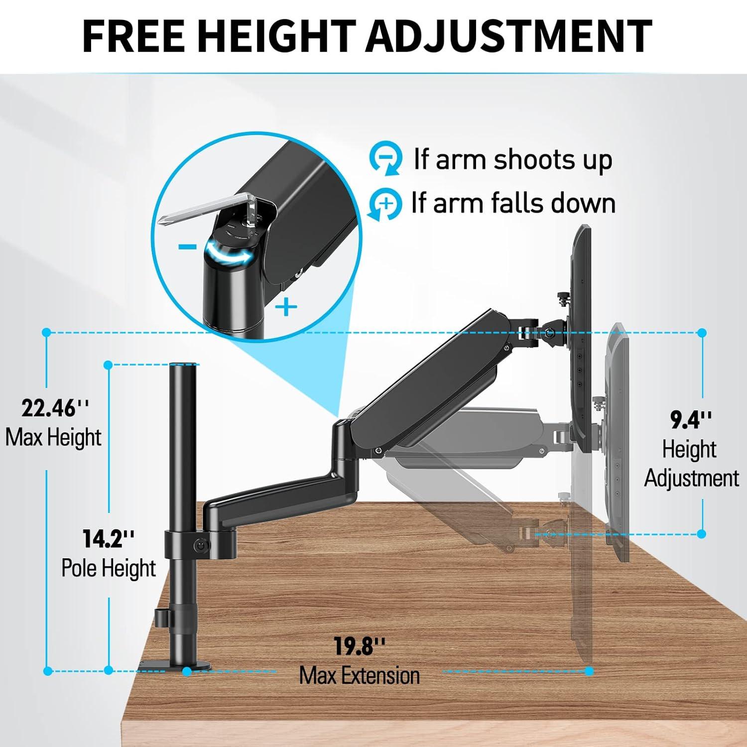 MOUNTUP Monitor Mount Desk Monitor Arm, Full Motion Gas Spring Single Computer Monitor Stand, Height Adjustable Monitor Desk Mount with C Clamp/Grommet Base, VESA Mount Fits 17 to 32 Inch LCD Screens