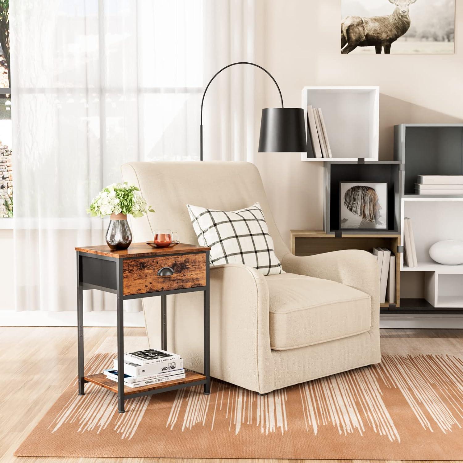 Rustic Brown Industrial Nightstand Set with Fabric Drawers