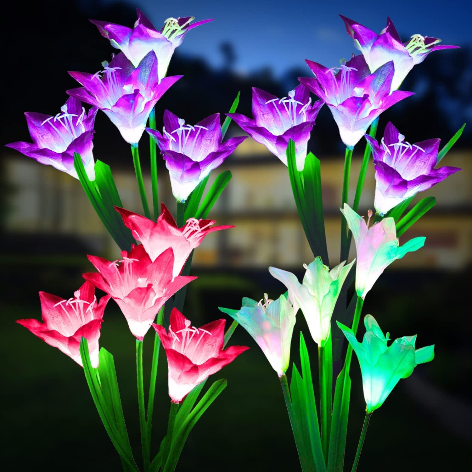 Multicolor Solar Powered Garden Lily Flower Lights, 4 Pack