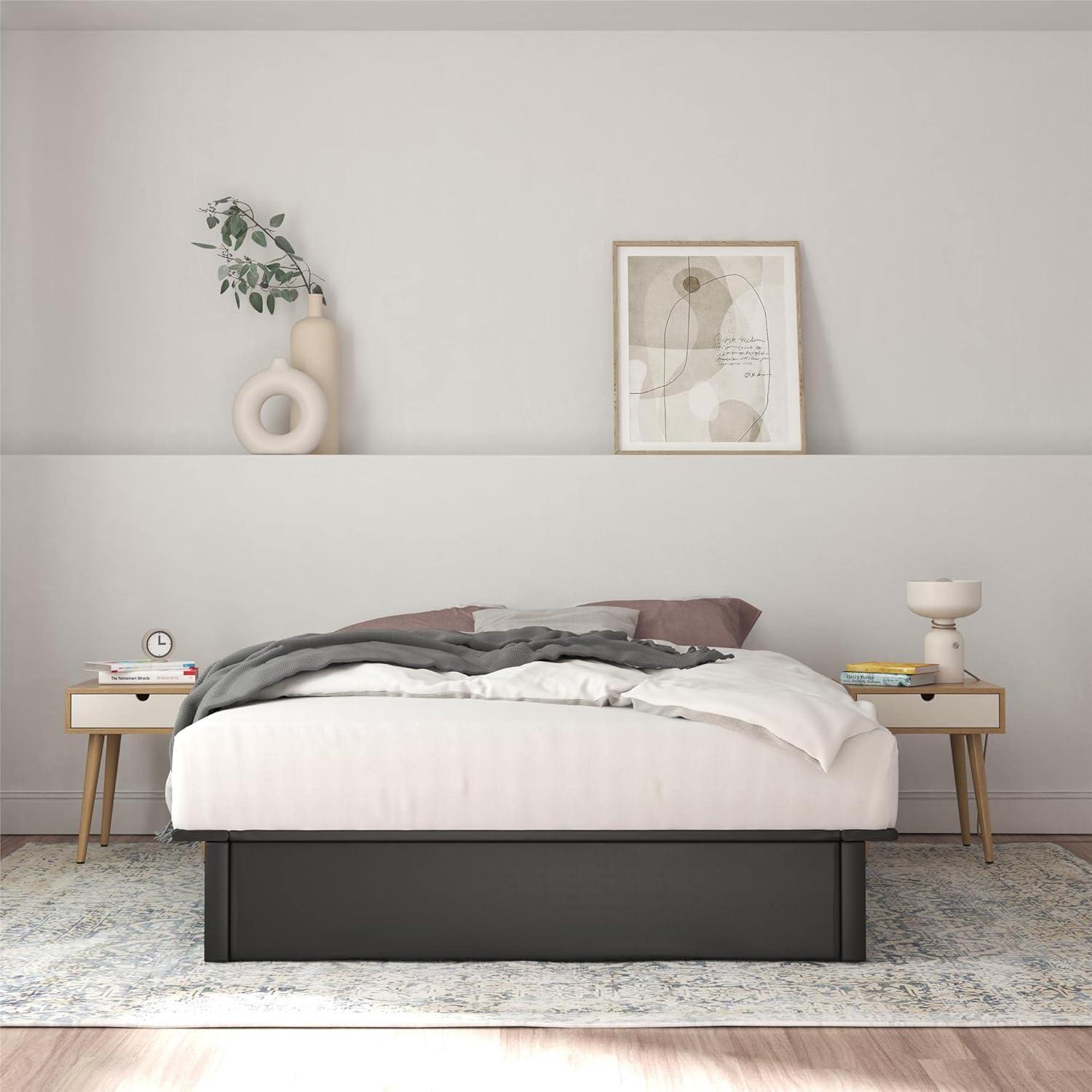 Full Black Faux Leather Upholstered Platform Bed with Slats