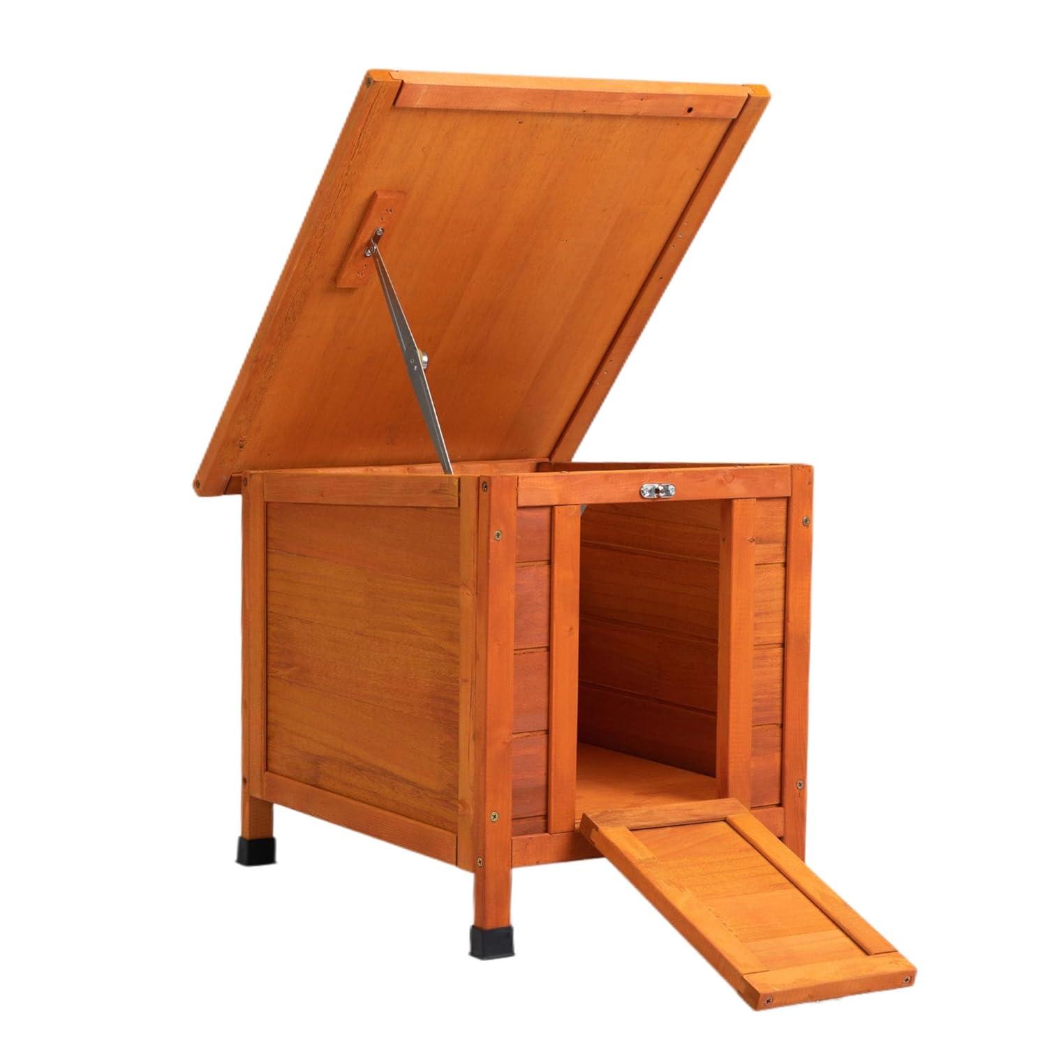 Small Wood Rabbit Hutch Bunny Cage, Raised Cat House with Ladder for Small Animals, Orange