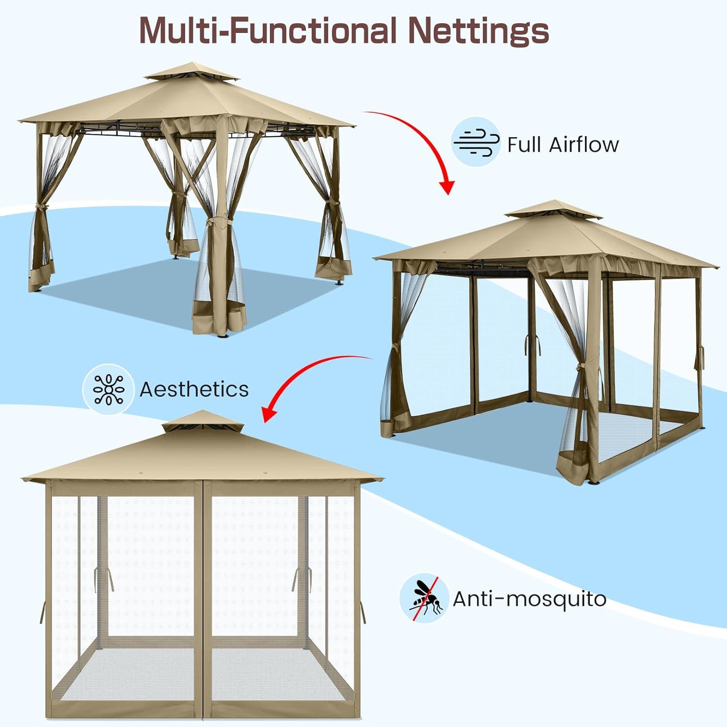 COBIZI 12X20 Heavy Duty Gazebo Outdoor Gazebo with Mosquito Netting and Curtains, Canopy Tent Deck Gazebo with Double-Arc Roof Ventiation and Metal Steel Frame Suitable for Lawn, Backyard, Patio,Gray
