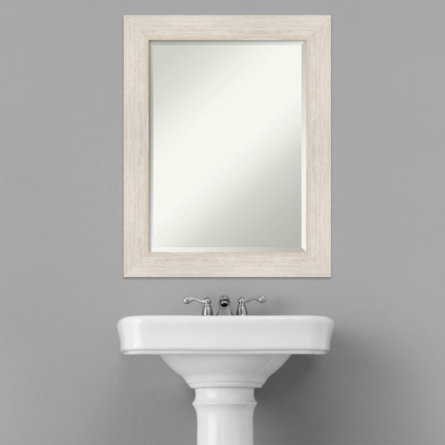 Amanti Art Beveled Wood Bathroom Wall Mirror - Hardwood Whitewash Frame - Hardwood White Wash Outer Size: 23 x 29 in