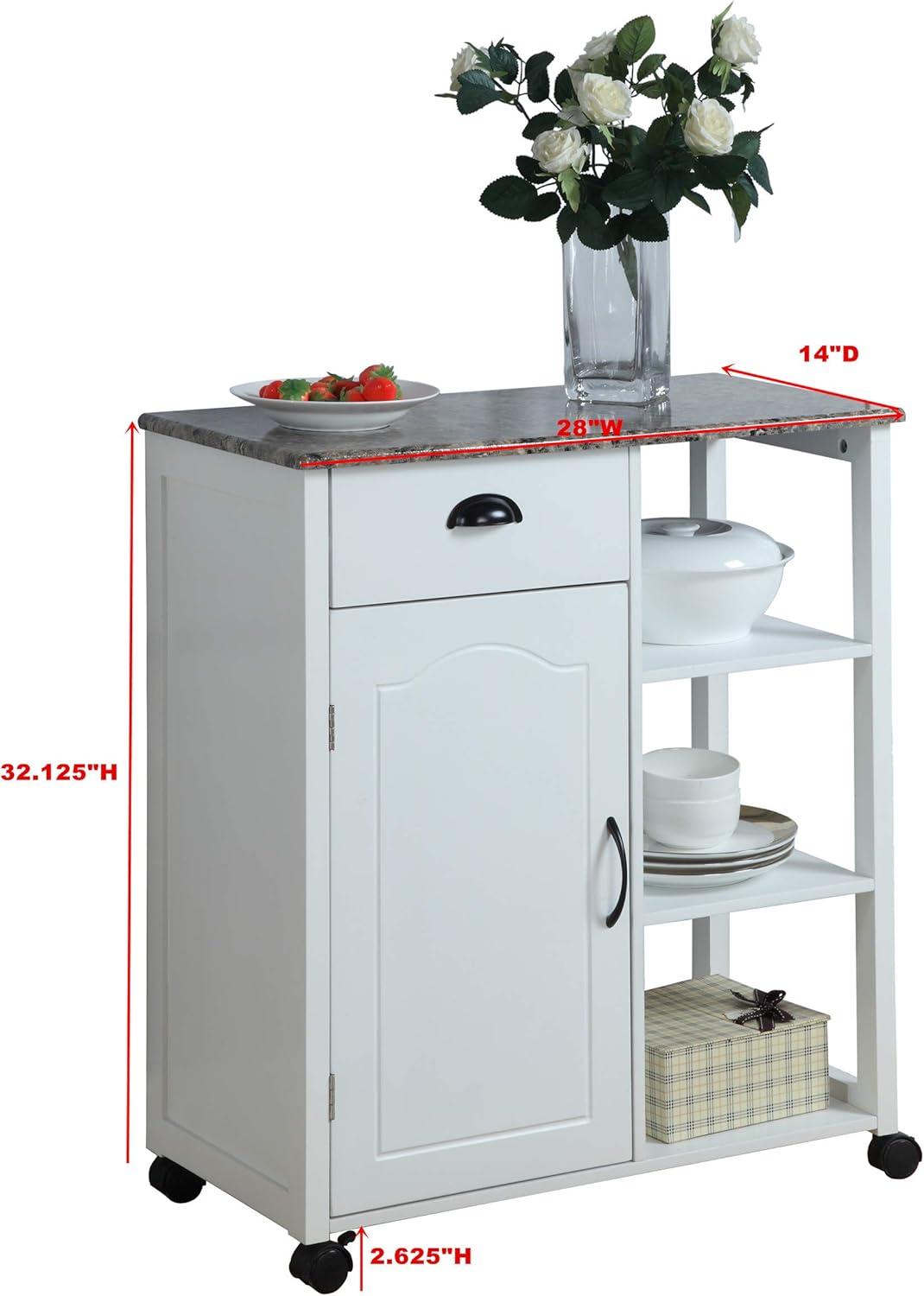 White Marble Top Kitchen Cart with Storage and Wheels