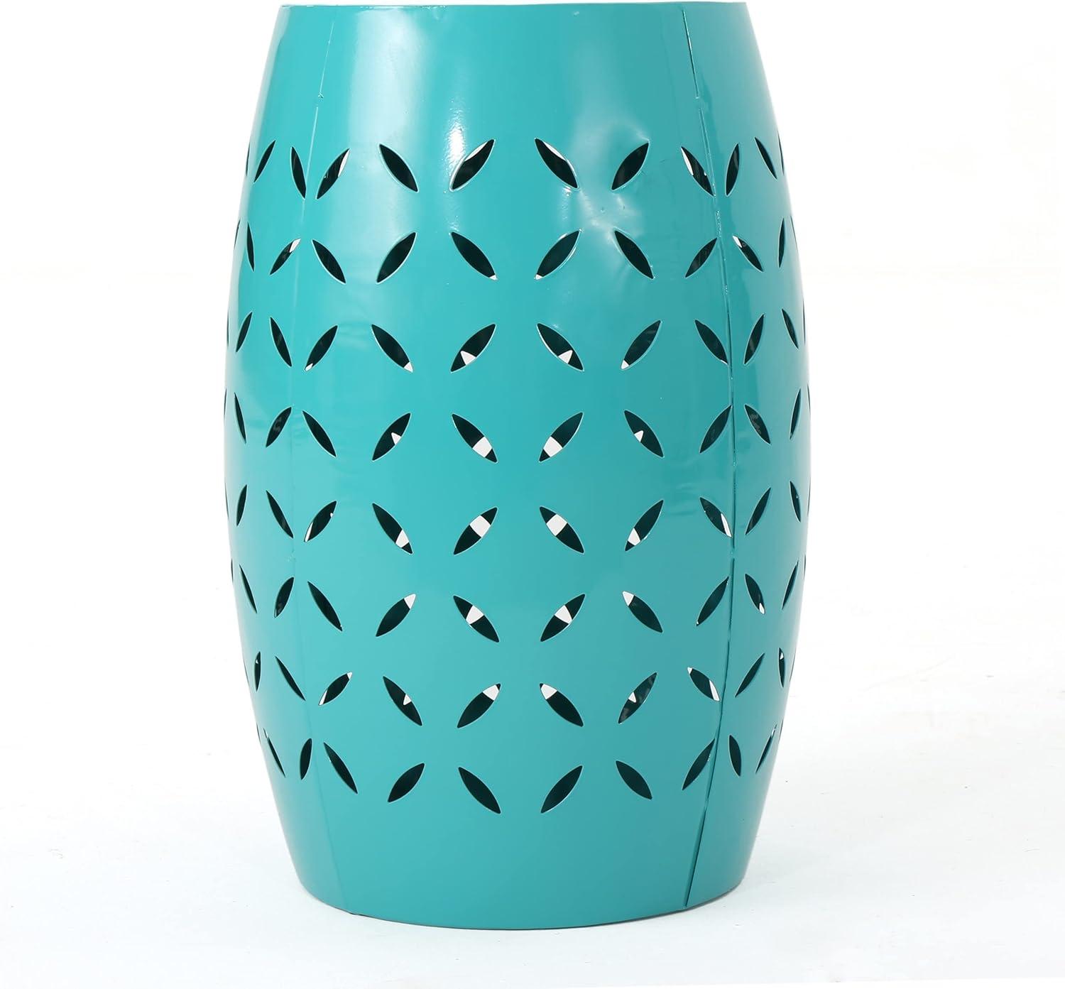 Teal Metal Lace Cut Barrel Accent Table