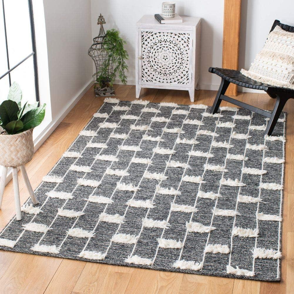 Handmade Black and Ivory Wool Cotton Striped Area Rug 8' x 10'