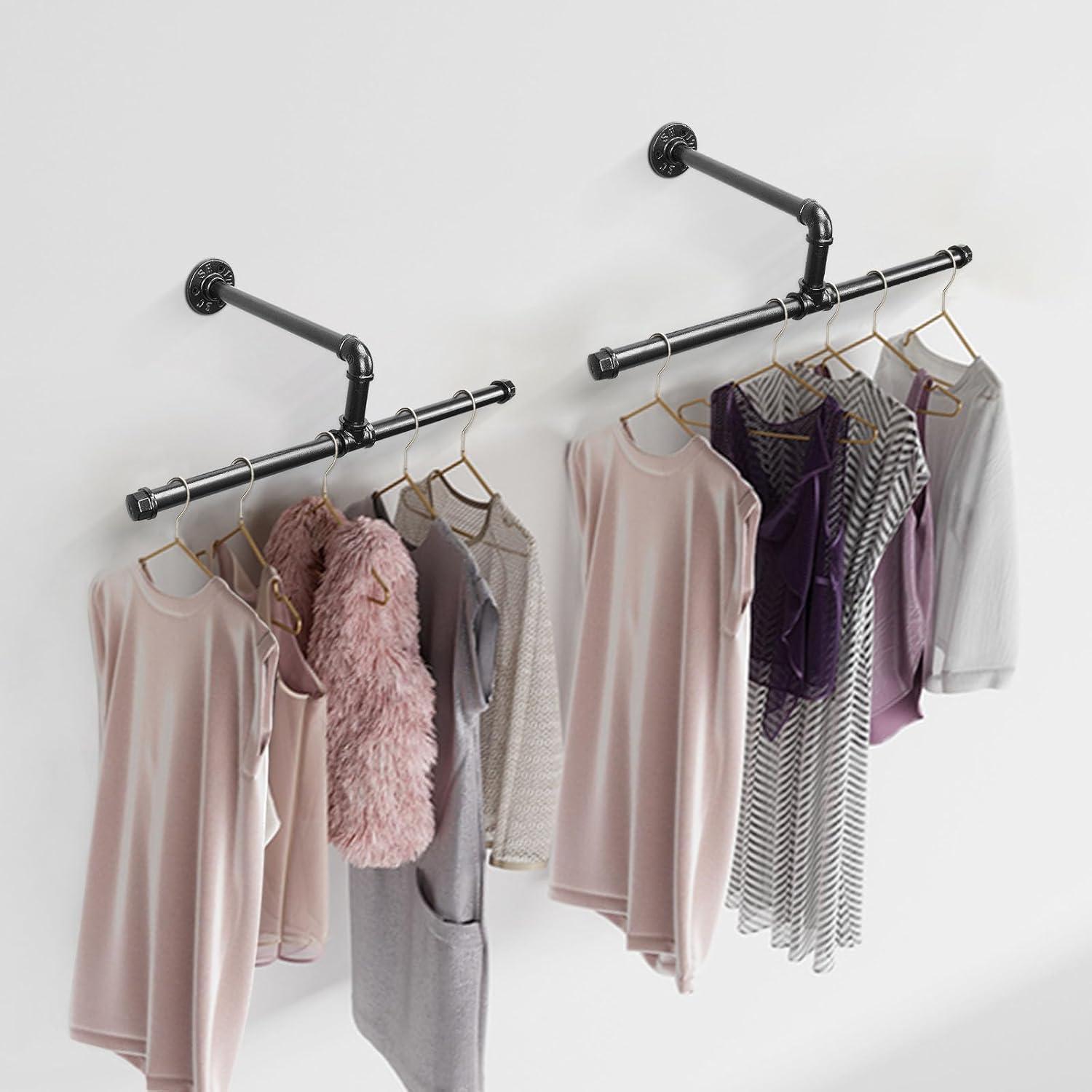 Industrial Pipe Clothes Rack Floating DIY Wall Mounted, Heavy Duty Rustic Vintage Clothing Rod, Metal Garment Bar Space-Saving Hanging for Bedroom, Bathroom and Laundry Room (Black)