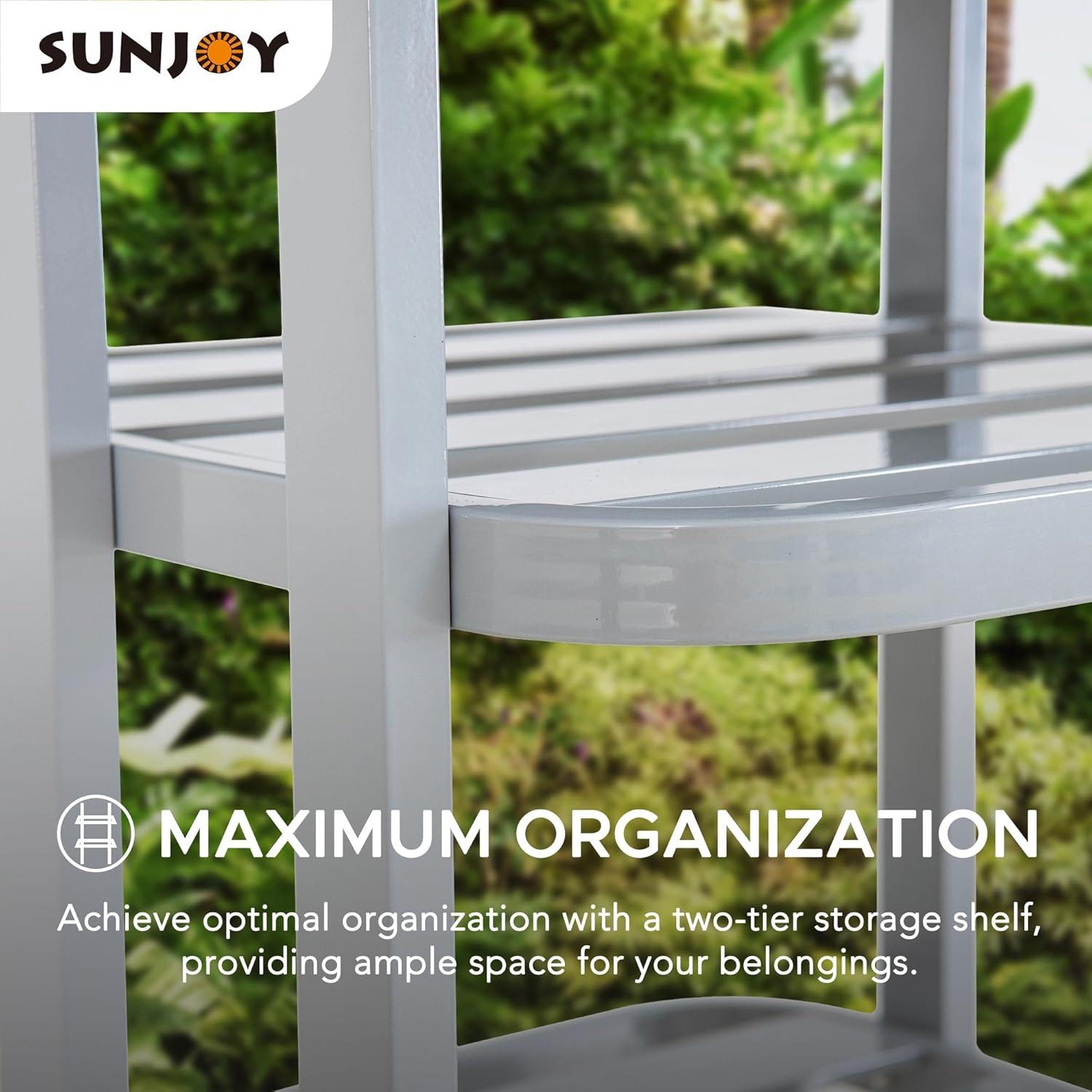 Sunjoy Aluminum Frame Pool Towel Valet Tower with 2-Tier Shelves and A Large All-Weather Wicker Storage Basket for Dirty Towels