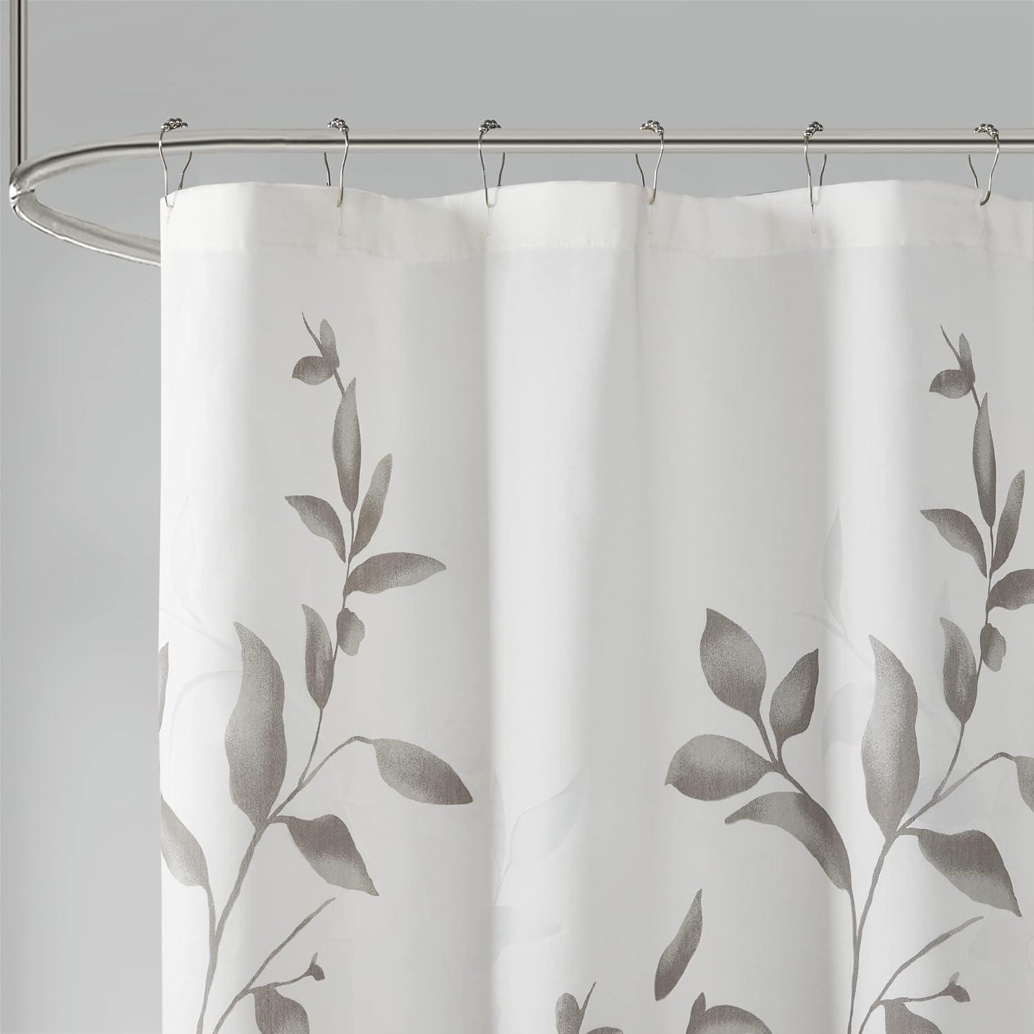 Gray Botanical Floral Print Shower Curtain with Liner