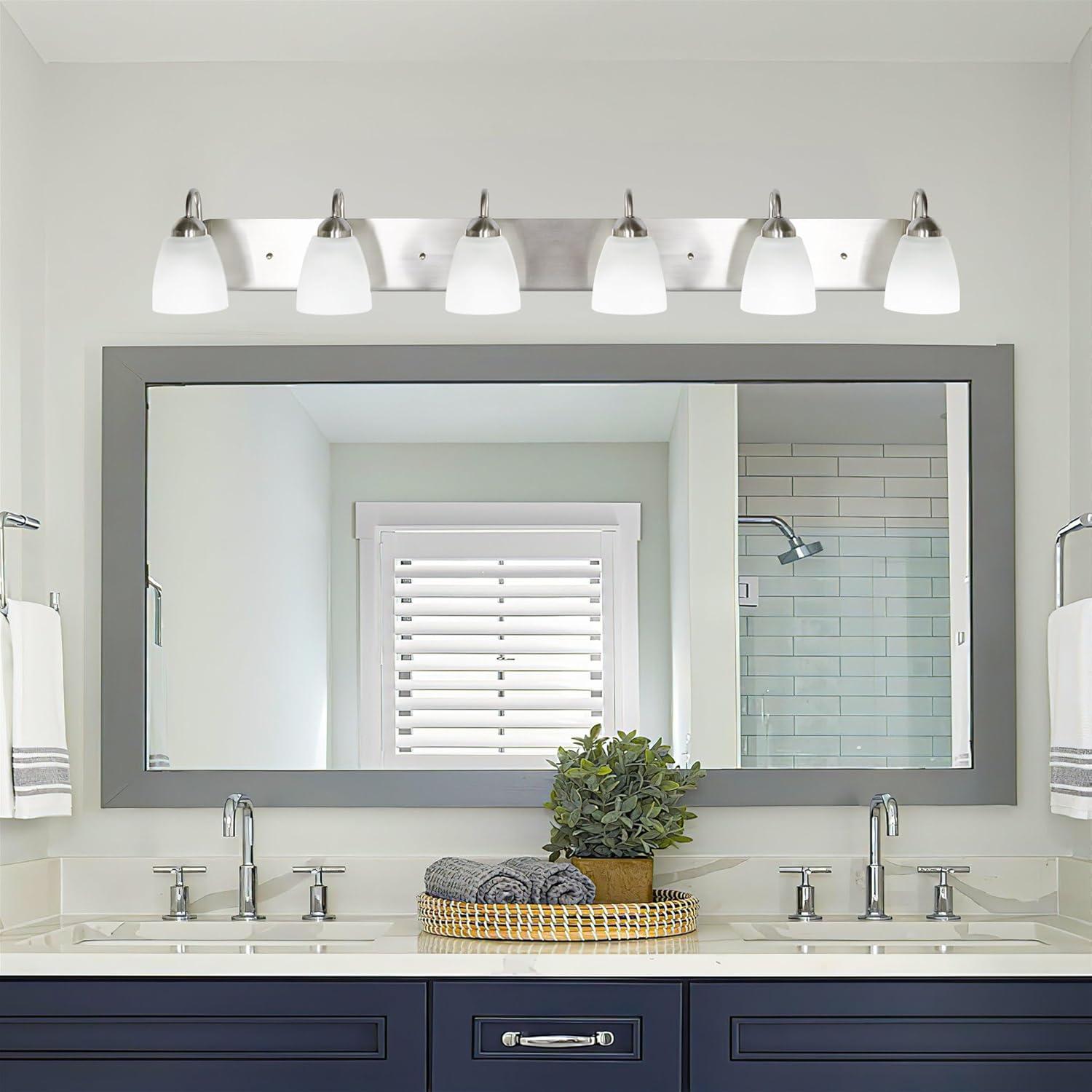 Kira Home Armada 37" 5-Light Over Mirror / Bathroom Light, Frosted Glass Shades, Curved Arms, Brushed Nickel