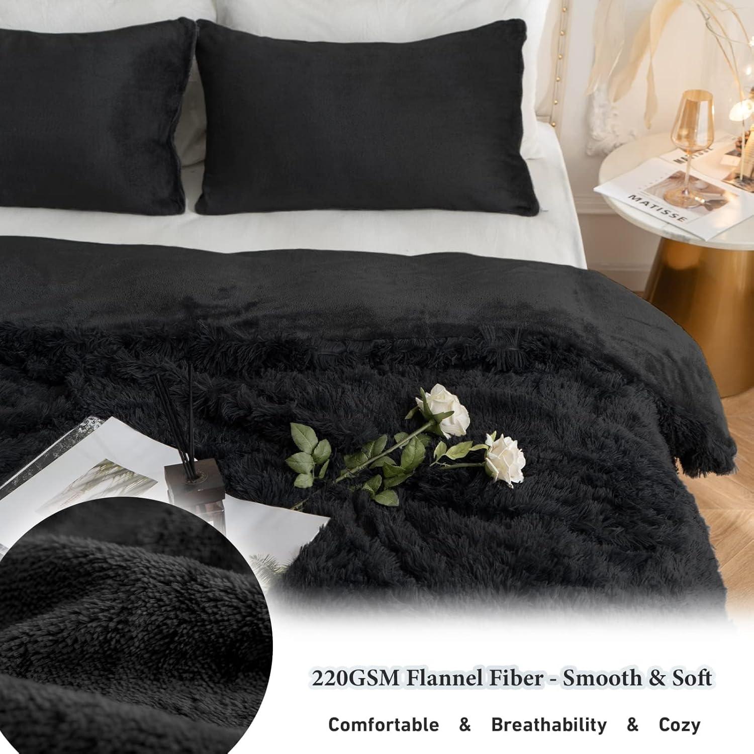 CHOSHOME Plush Shaggy Duvet Cover Queen Size, 3 PCS Fluffy Comforter Fuzzy Flannel Bedding Sets(1 Faux Fur Duvet Cover + 2 Pillowcases), Zipper Closure & 8 Corner Ties, Black