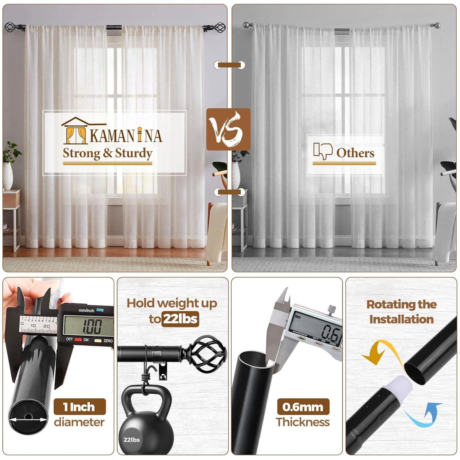 KAMANINA Black Curtain Rods for Windows 72 to 144 Inches (6-12ft), 1 Inch Heavy Duty Curtain Rod 32 to 144, Long Decorative Single Drapery Rods, Twisted Cage End