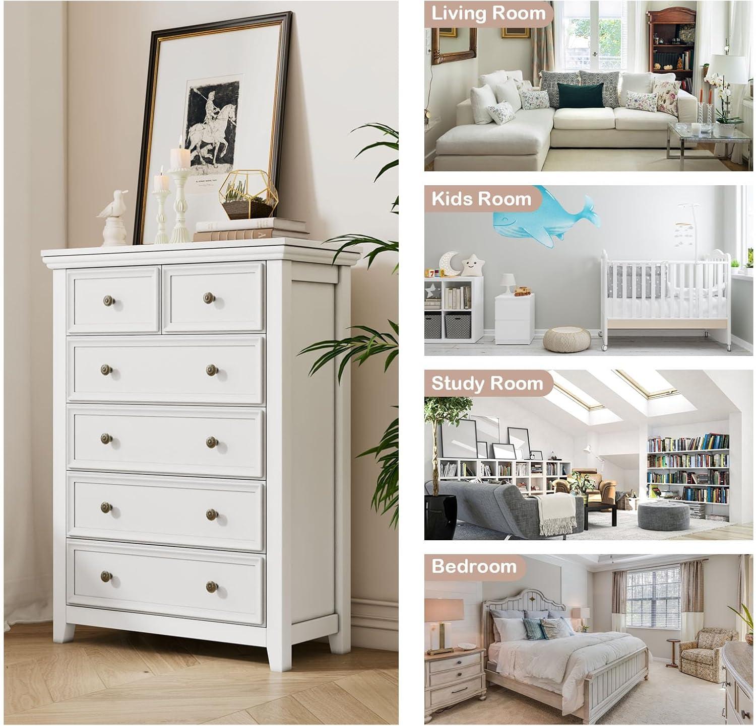 White Farmhouse 6-Drawer Tall Dresser with Metal Handles