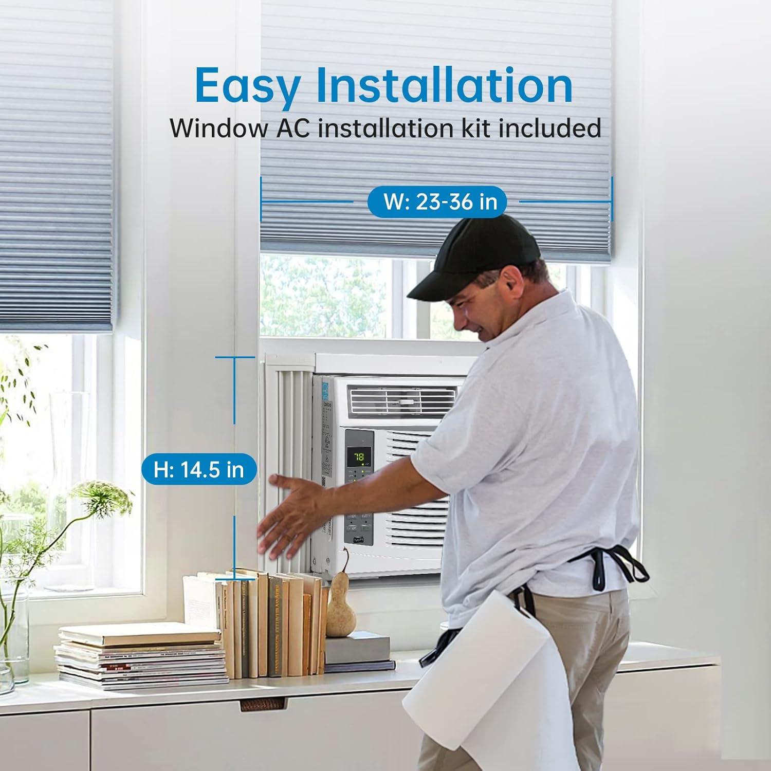 Homhougo 6,000 BTU Window Air Conditioner, 3-in-1 AC Unit (Cooling, Dehumidifying, Fan), Timer, Sleep/ECO Mode, Easy Installation Kit, Cools Rooms Up to 350 Sq.Ft, 115V/60Hz