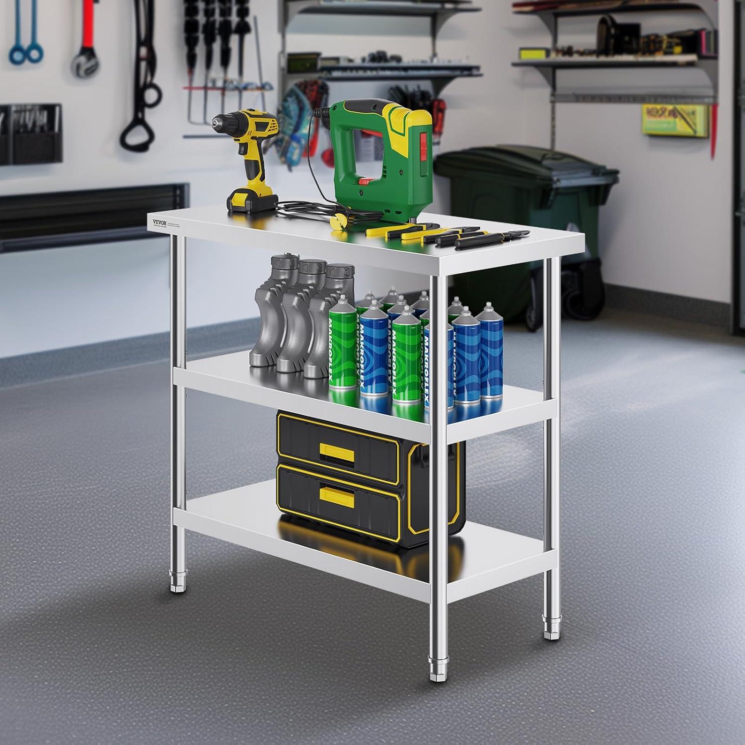 VEVOR Stainless Steel Food Prep Table, 18 x 36 x 34 Inch Commercial Kitchen Worktable, with 2 Adjustable Undershelf, Heavy Duty Prep Table