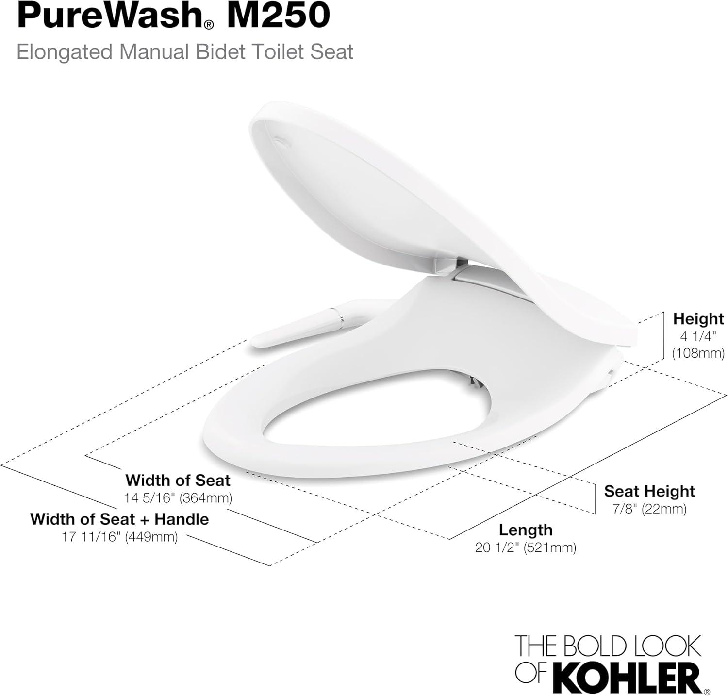 PureWash M250 Elongated Bidet Toliet Seat, Manual Non-Electric Bidets for Existing Toilets