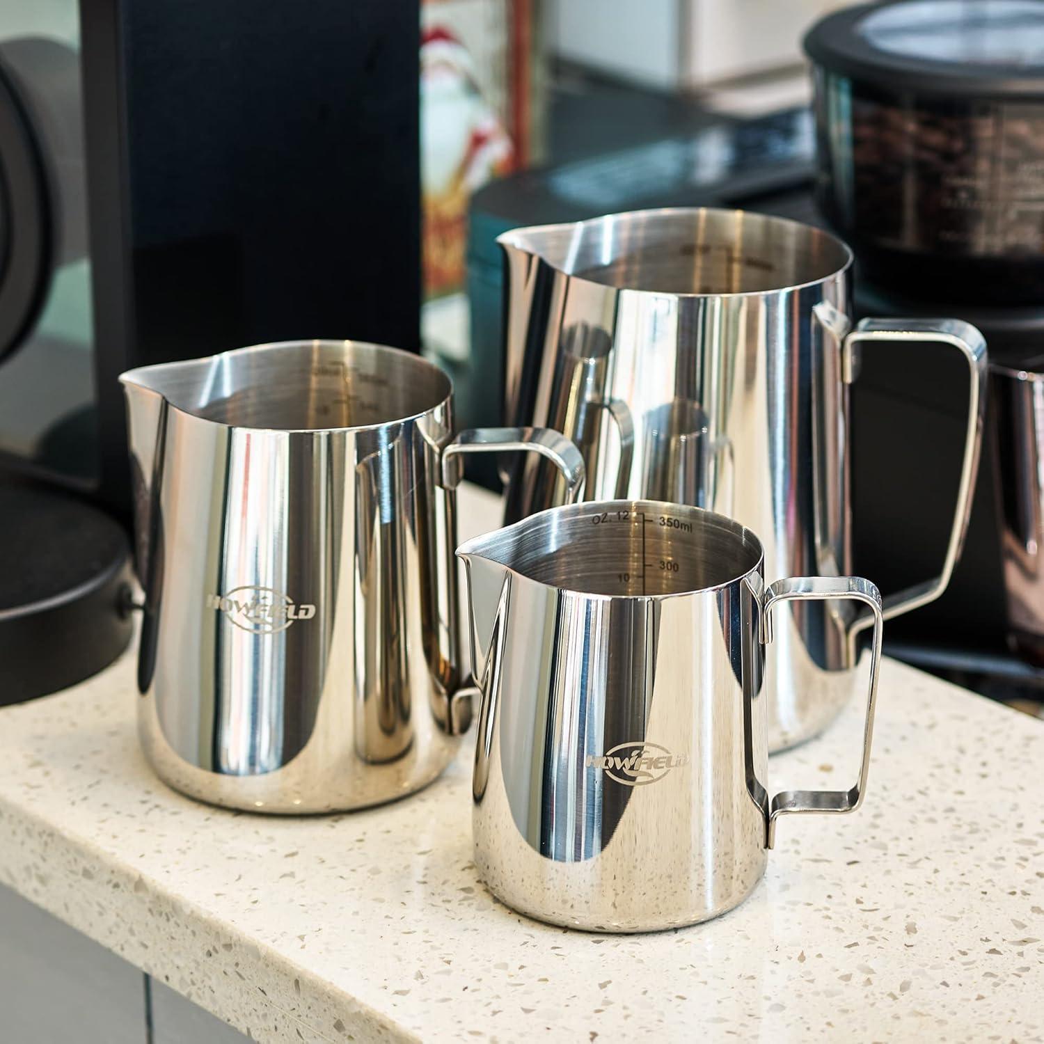 12oz (350ml) Milk Frothing Pitcher 304 Stainless Steel Steaming Jug with Latte Art Pen Anti-Scald Handle & Scale Barista Frother Cup for Cappuccino, Latte, Coffee Accessories