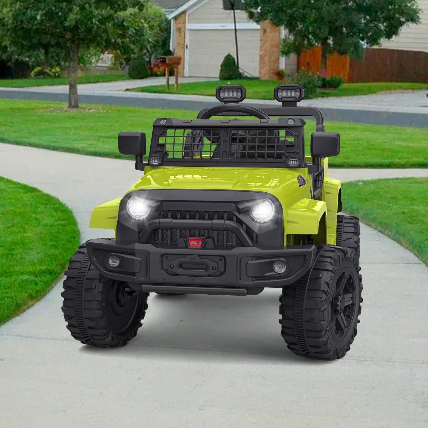 Ride on Truck Car 12V Kids Electric Vehicles with Remote Control Spring Suspension, LED Lights, Bluetooth, 2 Speeds