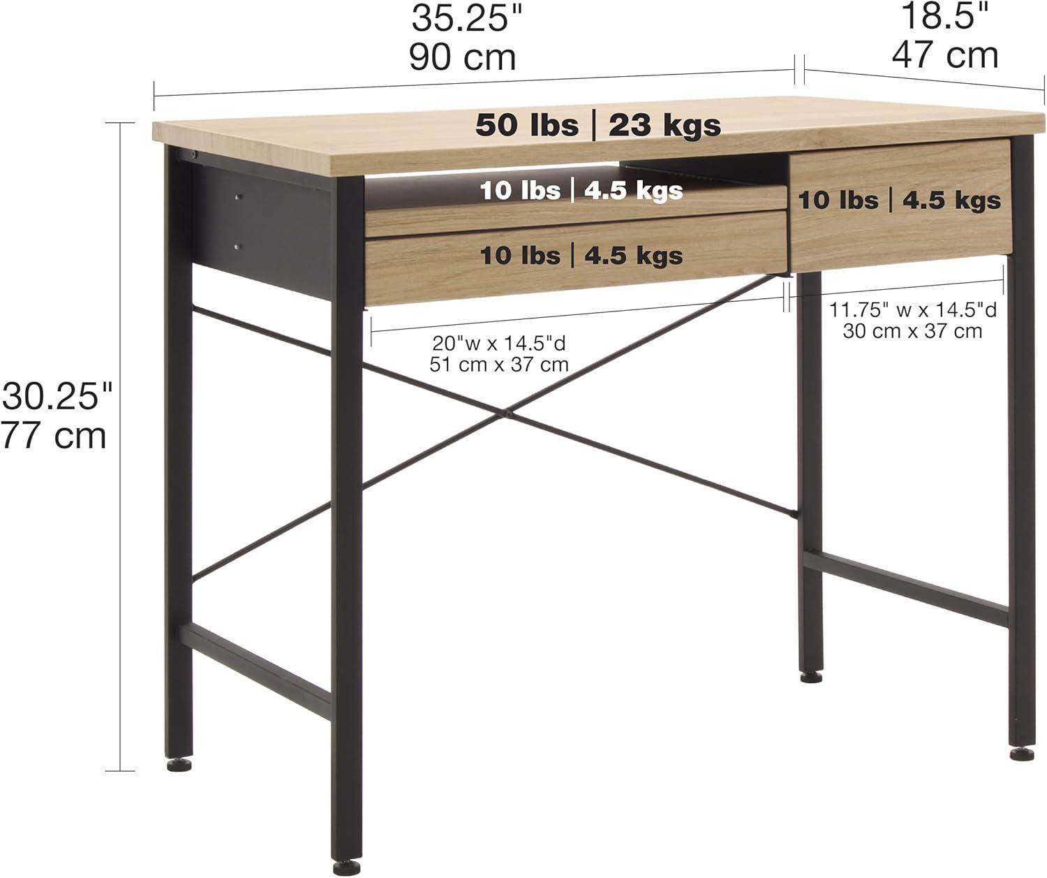 studio designs Ashwood Compact Home Office Desk with Drawers in Ashwood/Black: Laminated Writing Desk with Metal Frame, Keyboard Tray