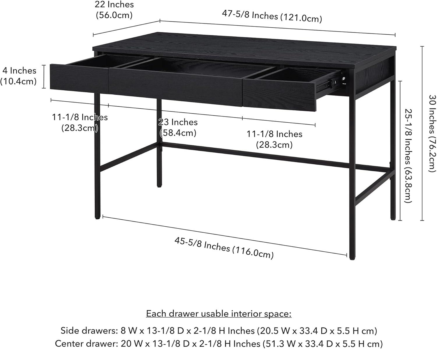 Evans 47'' Mid-Century Black Steel Base Writing Desk with Drawers