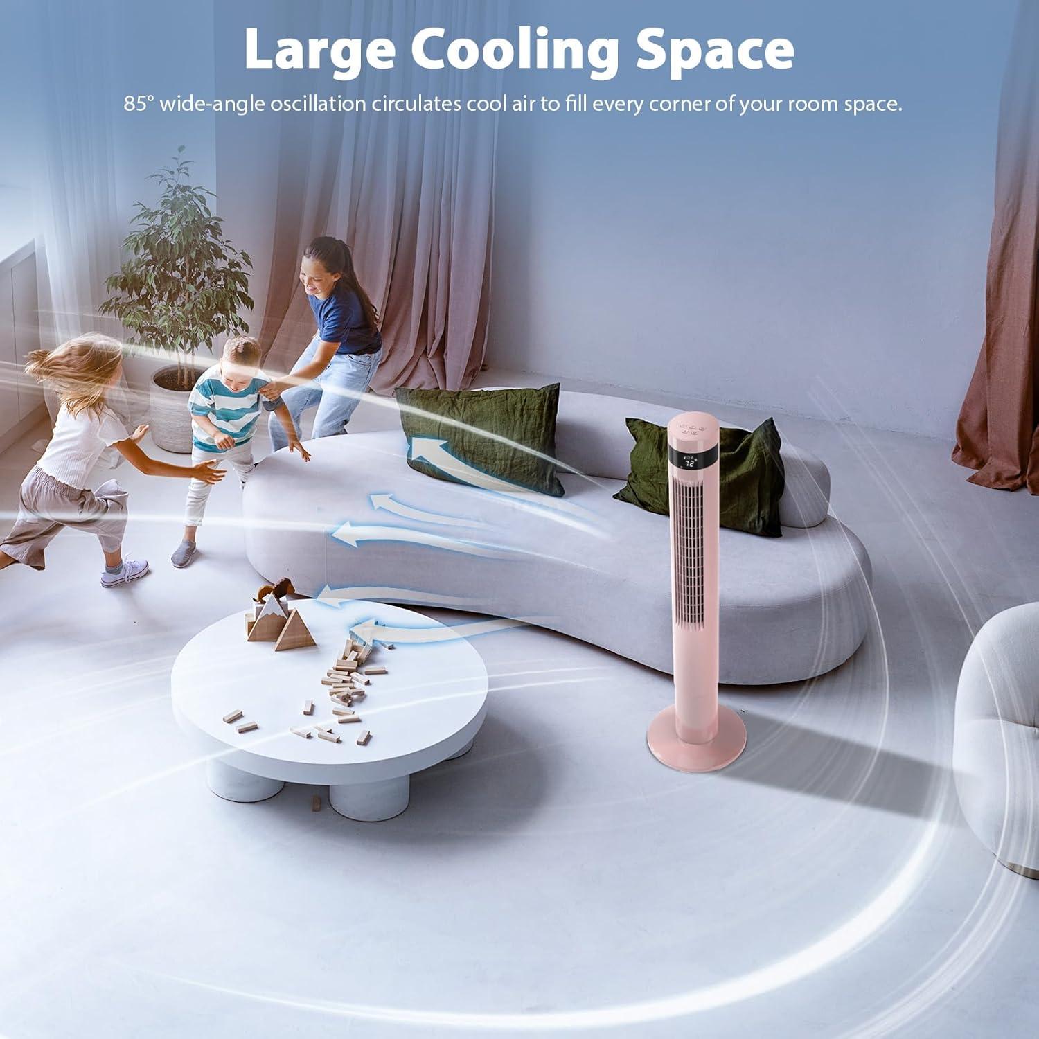 Antarctic Star Tower Fan Portable Floor Fans 85°Oscillating Fan 43'' Quiet Cooling 12H Timer Remote Control Standing Bladeless Electric 3 Speeds Wind 3 Modes Bedroom Office(43 inch, Pink)