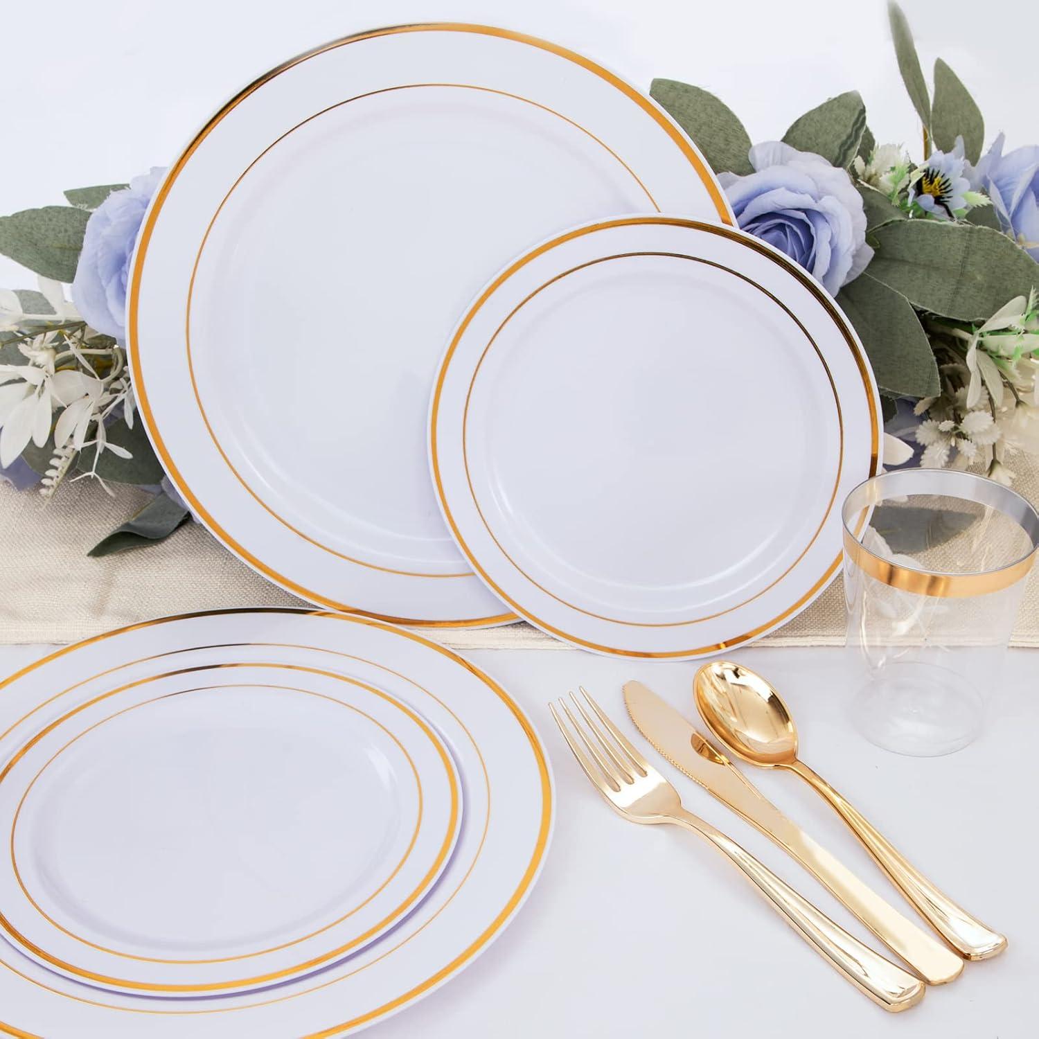 Elegant Gold and White Plastic Dinnerware Set for 25 Guests