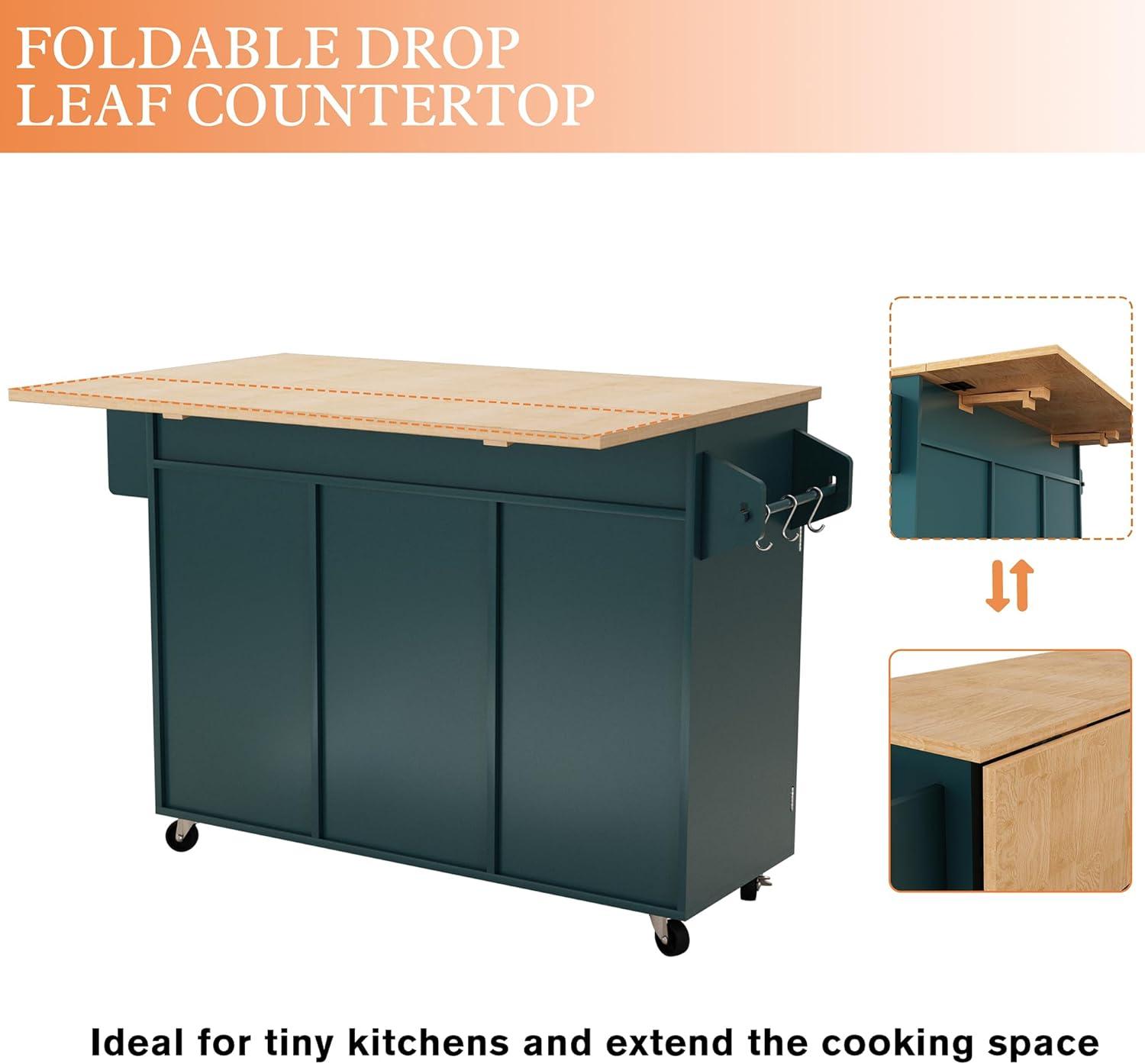 HLR Kitchen Islands with Storage and Drop Leaf, Green, 51.70 in