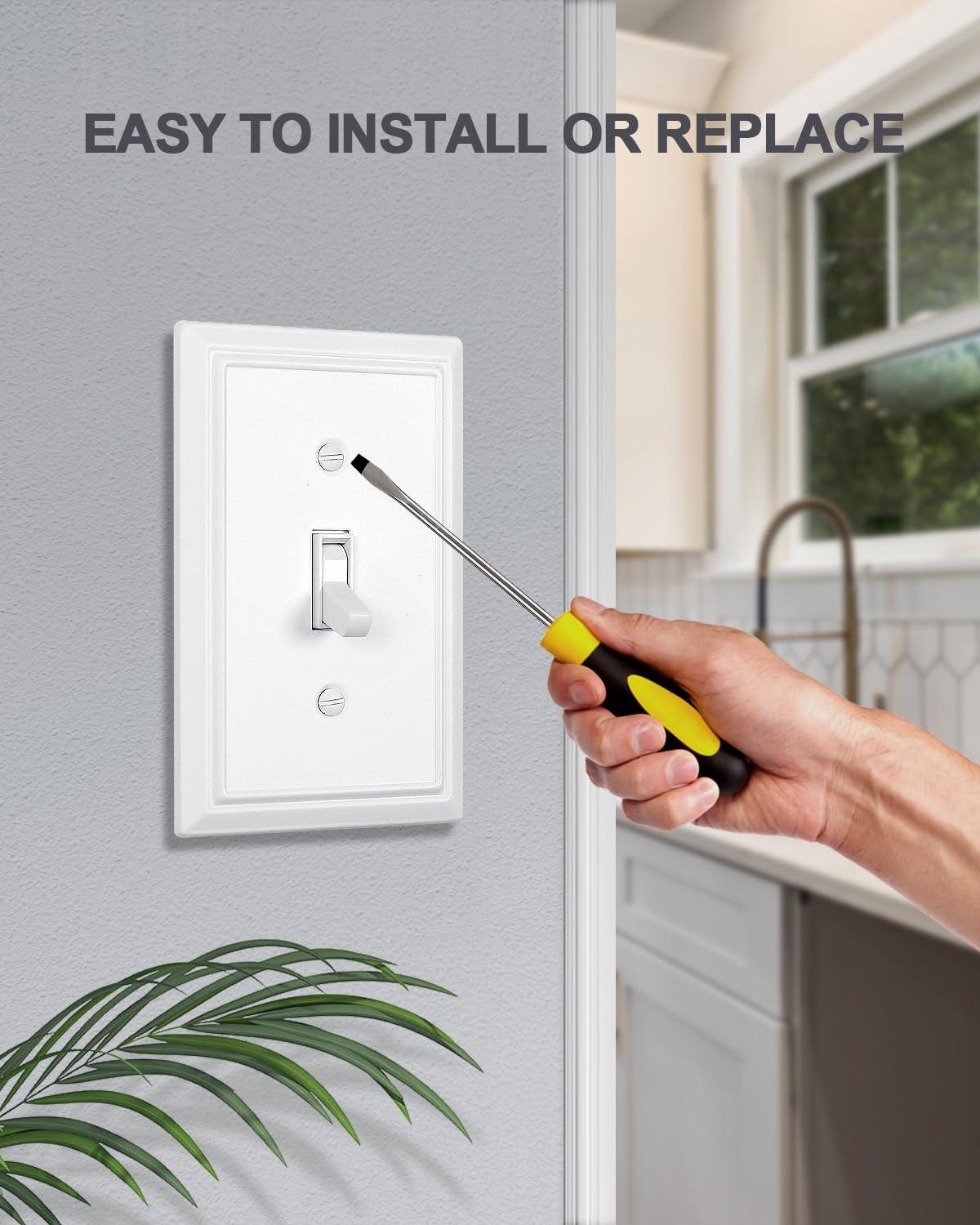 Modern Decorative Wall Plate Switch Plate Outlet Cover, Vintage Retro Wood Grain Design(Single Toggle-4 Pack, White)