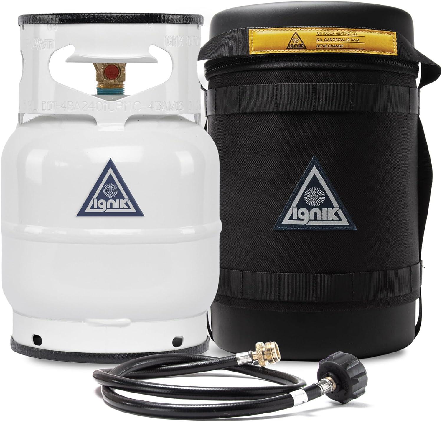 Ignik Refillable Gas Growler Deluxe 5-Pound Propane Tank with Carry Case and Adapter Hose, Black Case/White Tank