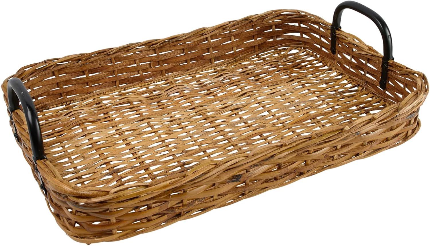 Natural Woven Rattan Tray with Black Metal Handles