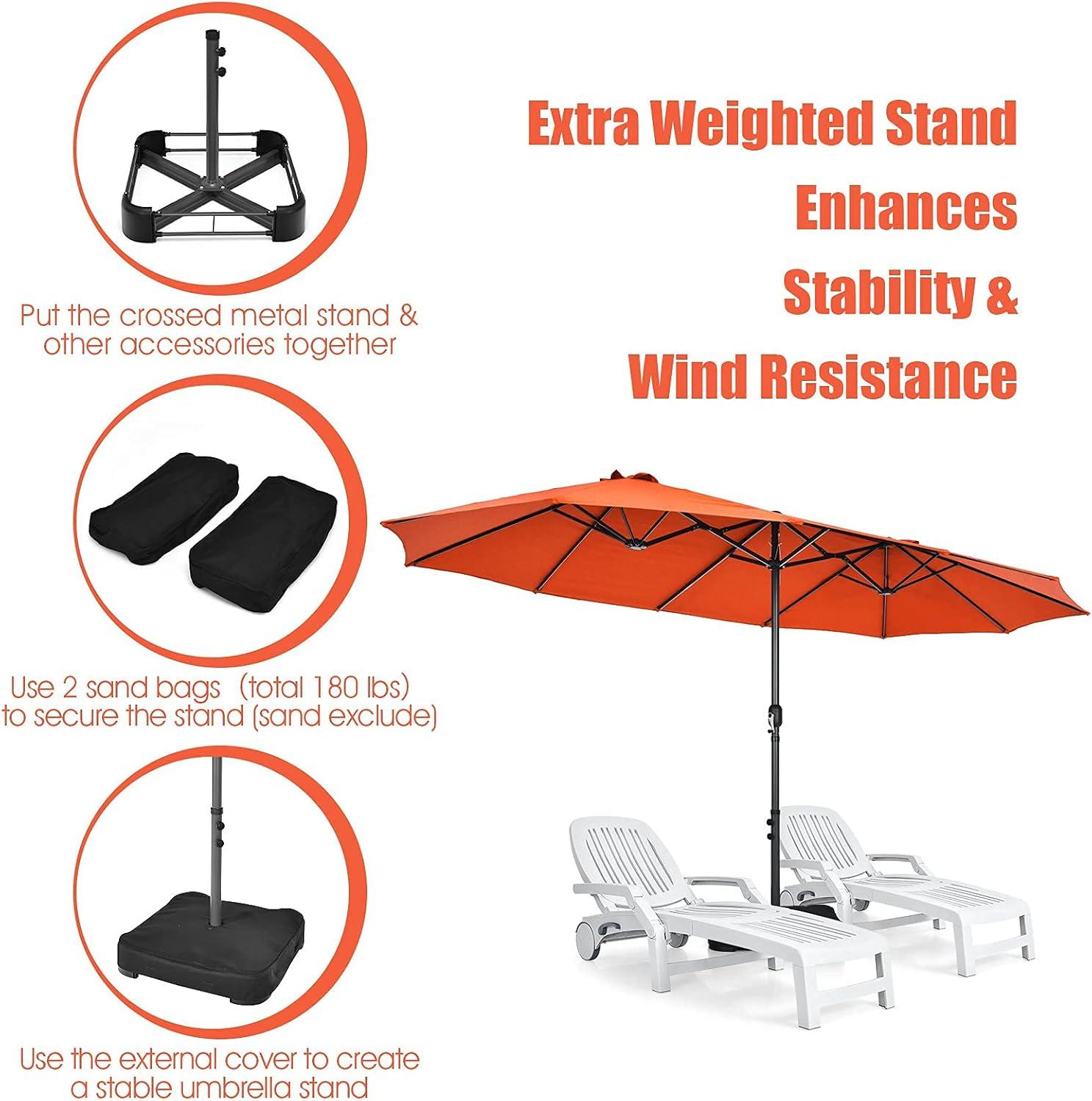 15 Ft Orange Double-Sided Patio Umbrella with Hand-Crank