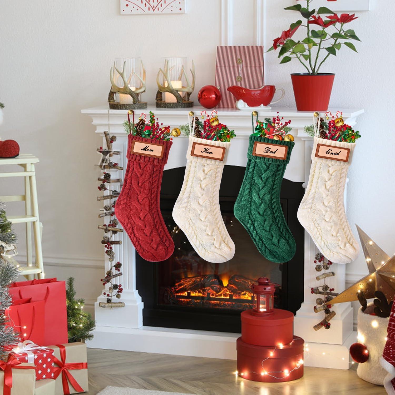 Large Red and Green Cable Knit Christmas Stockings, 4 Pack