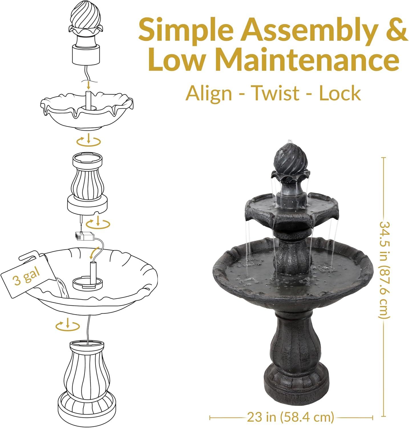 Sunnydaze Outdoor 2-Tier Solar Powered Water Fountain with Battery Backup and Submersible Pump - 35" - Black Earth Finish