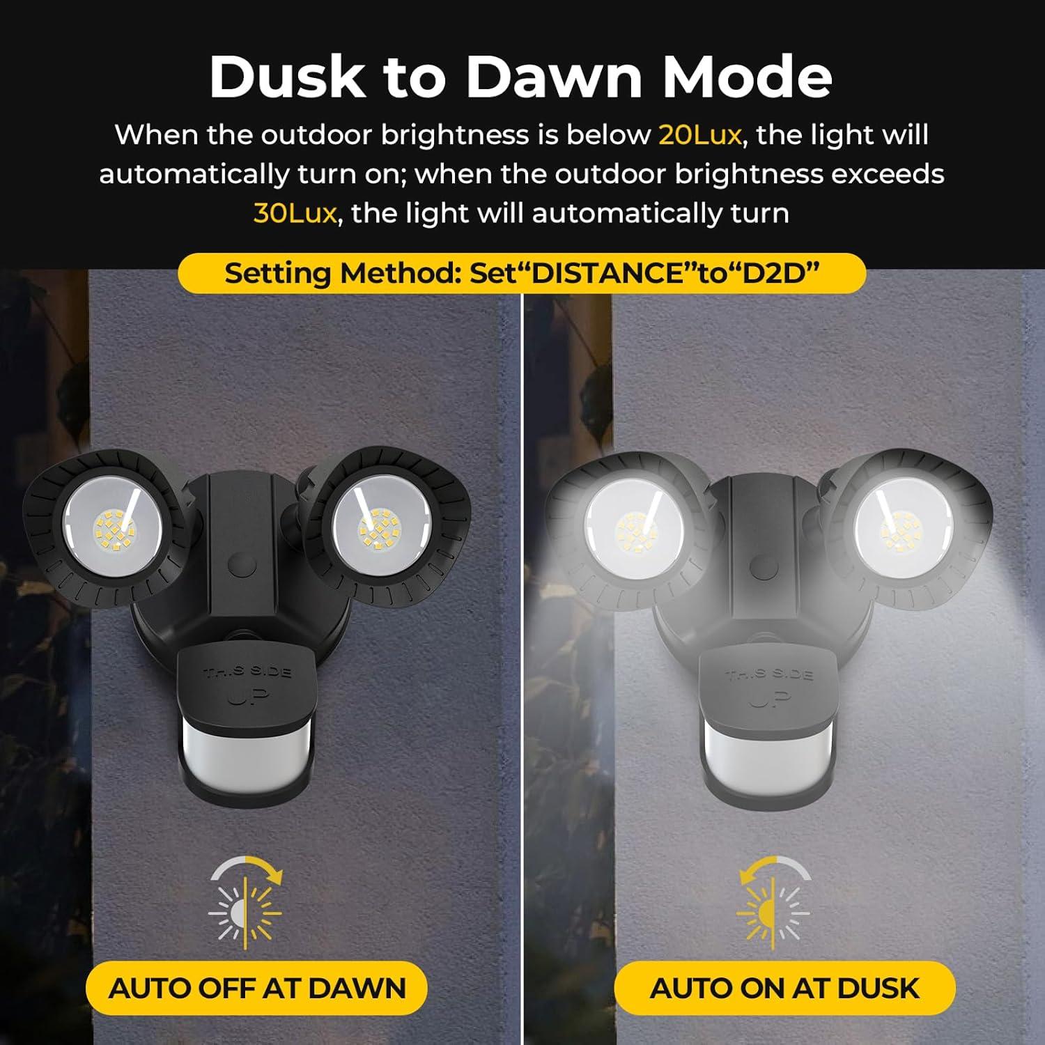 R.W.FLAME LED Flood Motion Sensor Outdoor Lights, 24W 1800LM 5000K IP54 Waterproof, 5 Lighting Modes, 4 Lighting Durations, 3 Detection Distances, for Garage, Yard, Porch, Black.