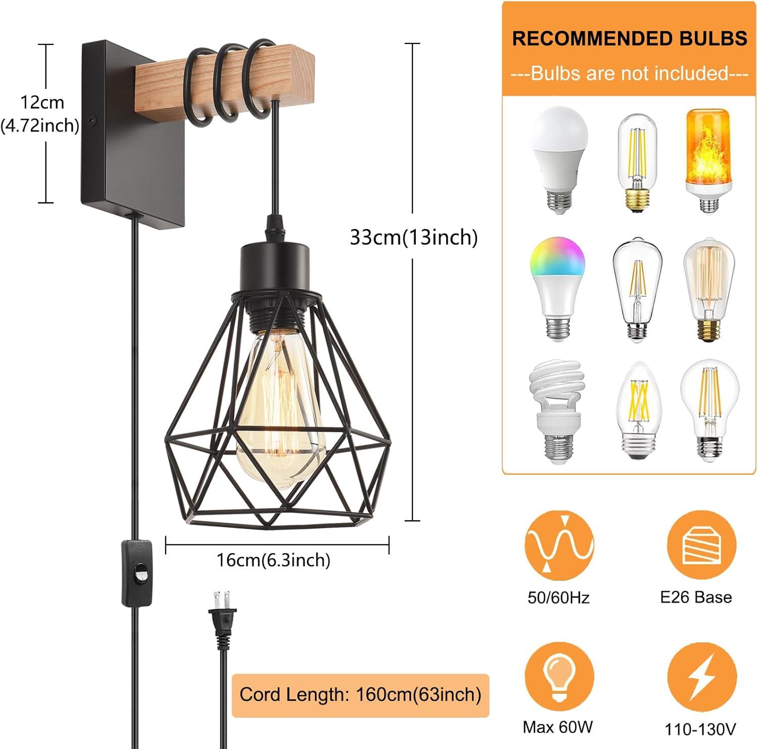 Black and Wood Plug-In Wall Sconce Set with Cage Shade