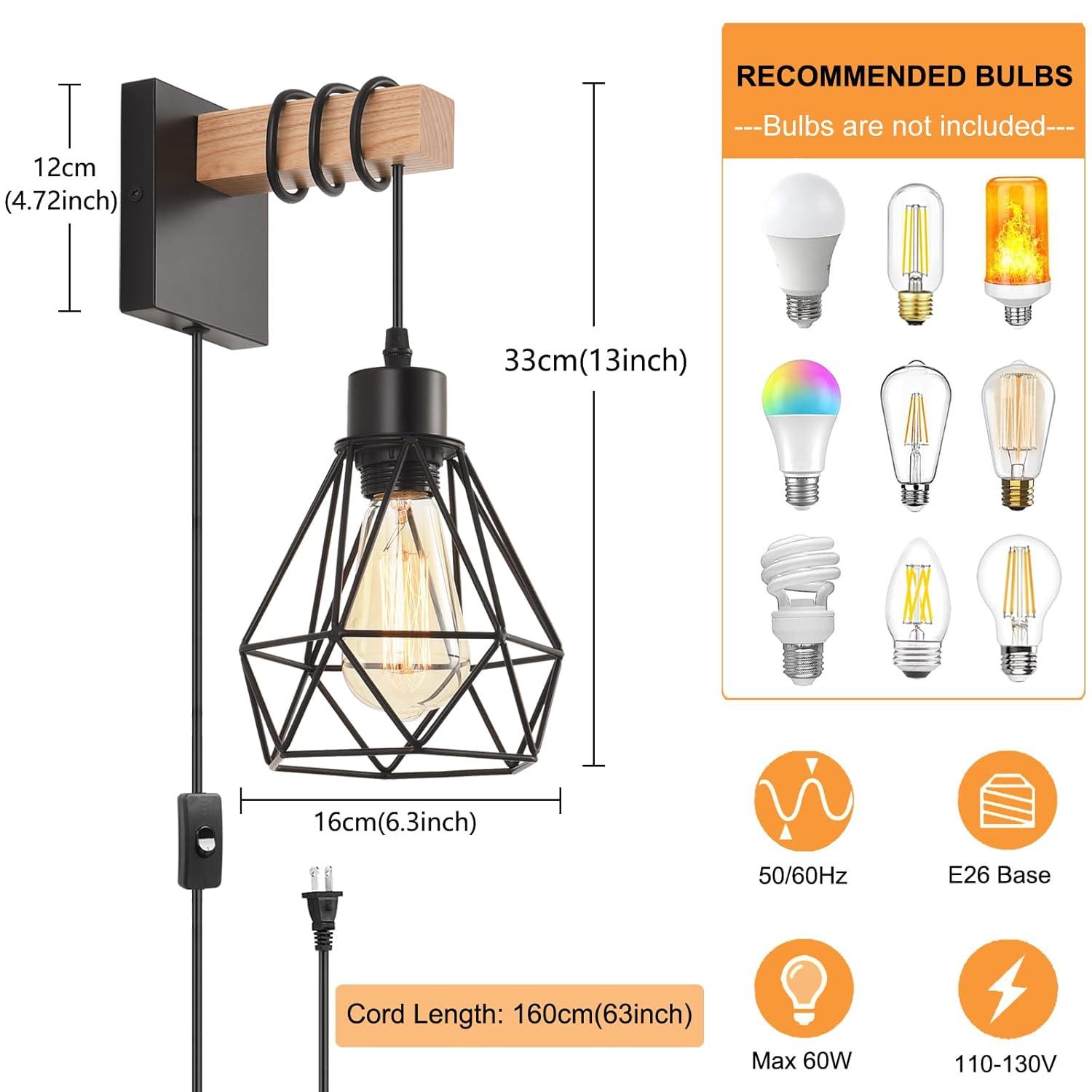 Plug in Wall Sconces Set of 2 with 6 FT On/Off Switch Cord, Wall Light Fixtures Black Industrial Farmhouse Indoor Wall Latern For Bedroom Living Room