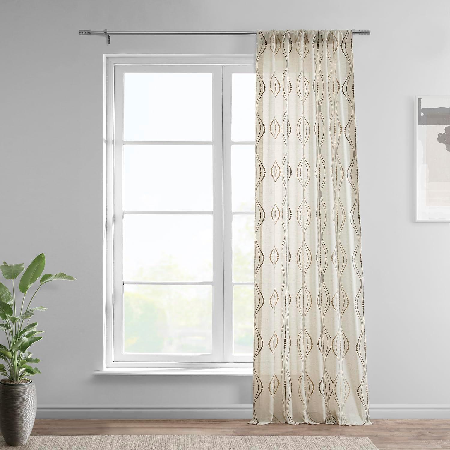 Suez Bronze Embroidered Faux Linen Sheer Curtain (1 Panel), Suez Bronze, 50W X 96L