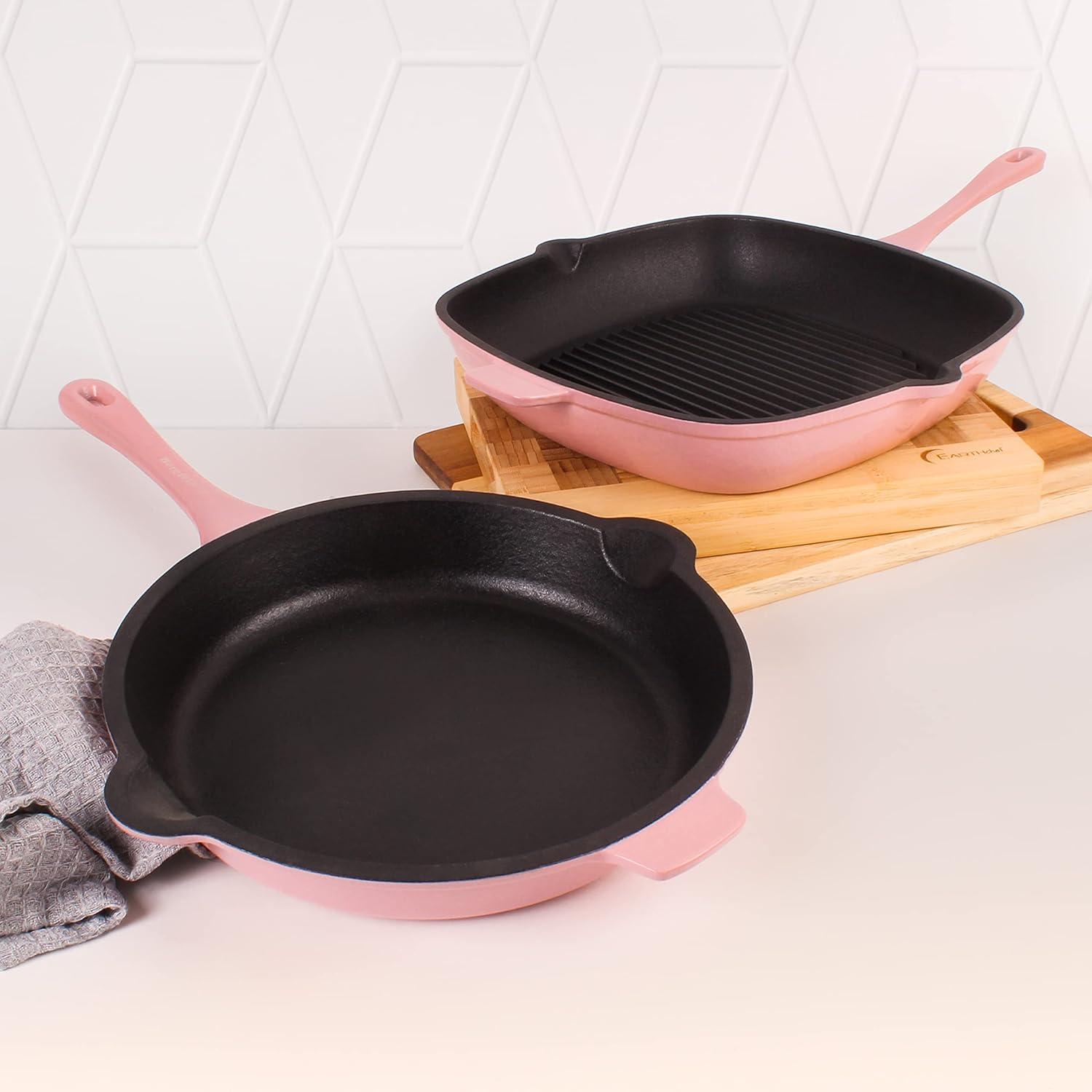 BergHOFF Neo 2Pc Cast Iron Cookware Set, 10" Fry Pan & 11" Grill Pan, Pink
