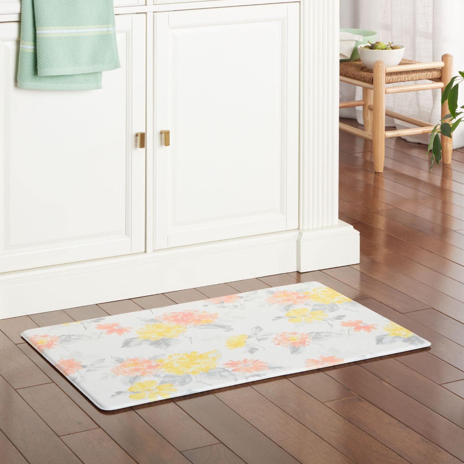 Martha Stewart Amber Floral Daisy Stripe Reverisble Water Resistant Kitchen Mat, Yellow/Coral, 20"x30"