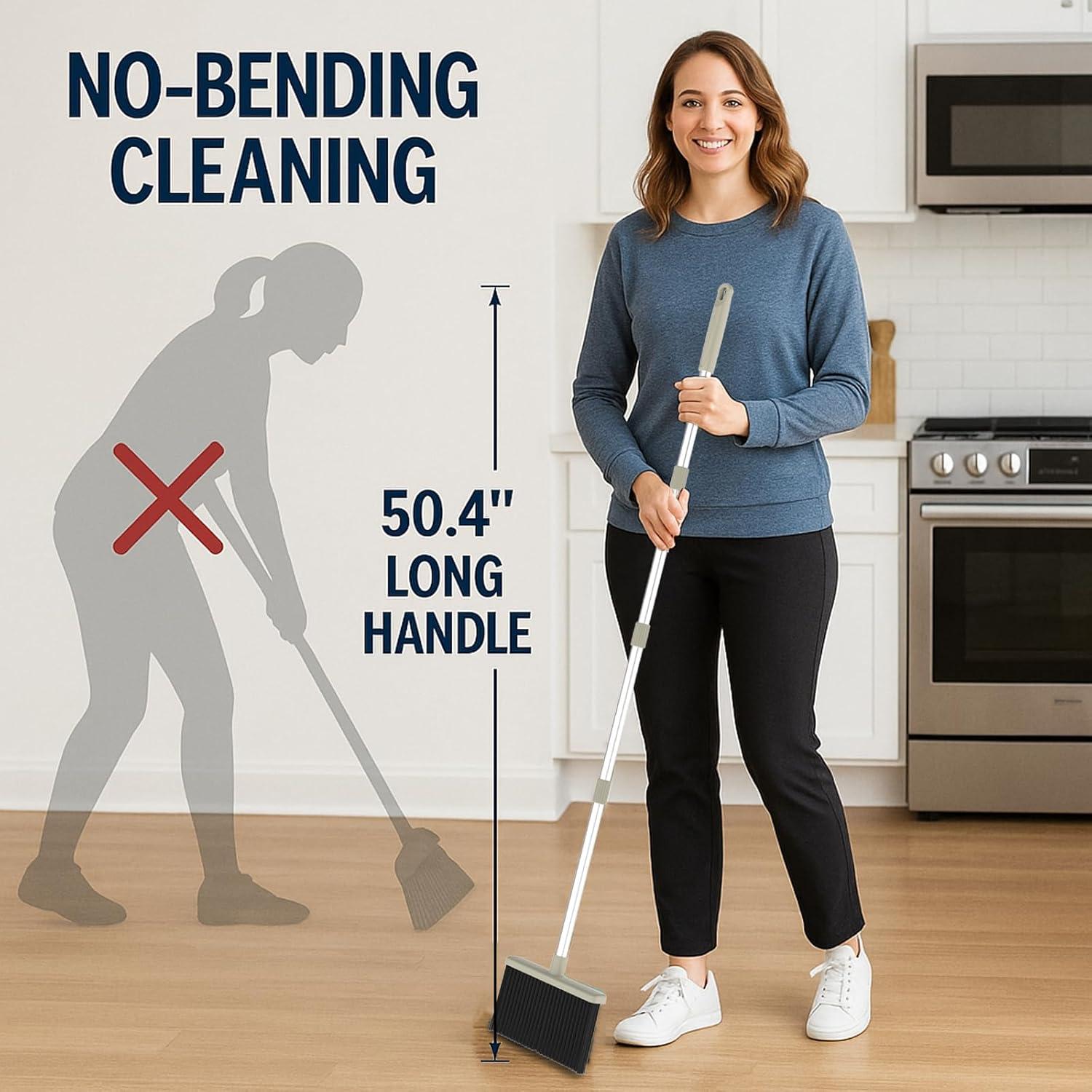 Heavy-Duty Broom and Dustpan Set for Outdoor Broom and Dust pan for Home Commercial Cleaning Supplies Angle Broom with Long Handle Perfect for Courtyard Garage Lobby Mall Market Street, B6
