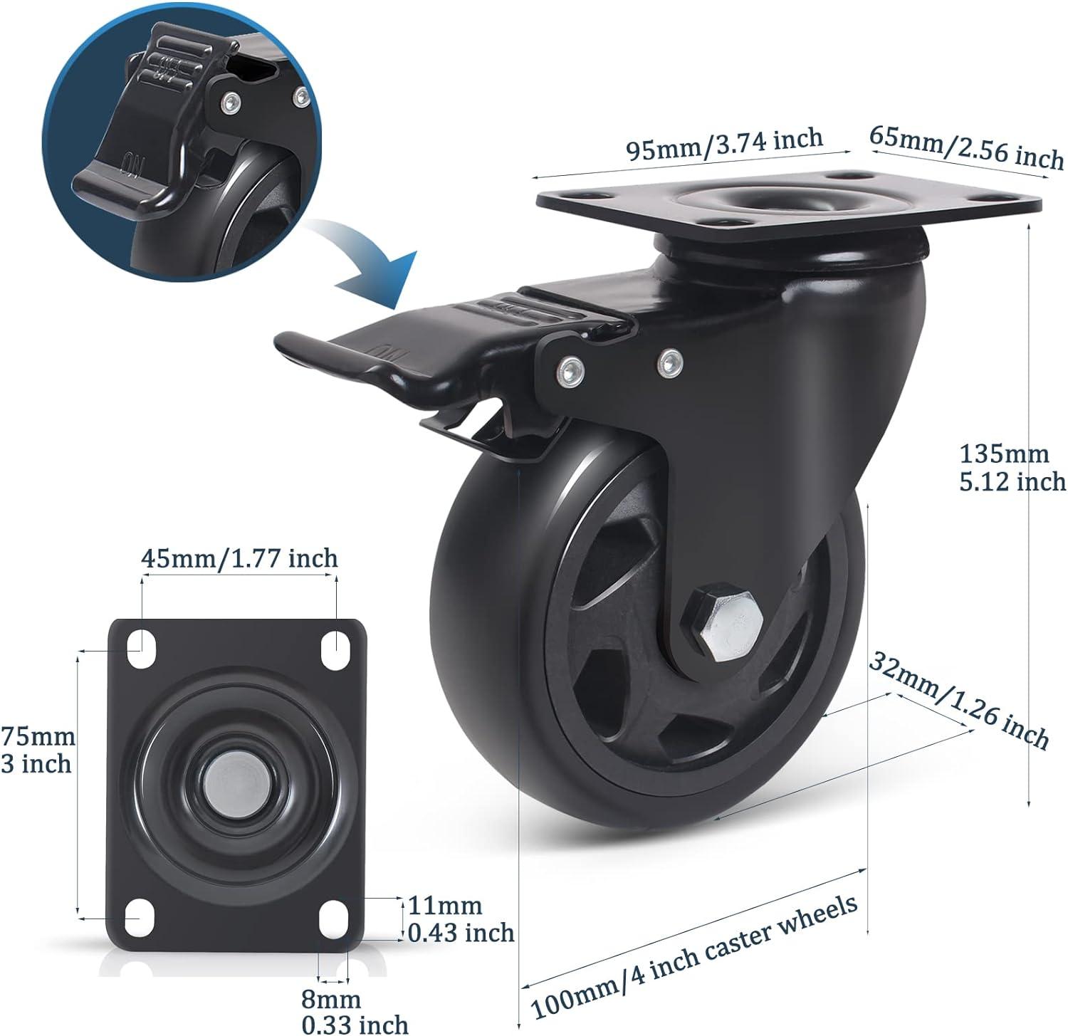 4-Inch Black Polyurethane Heavy Duty Caster Wheels Set