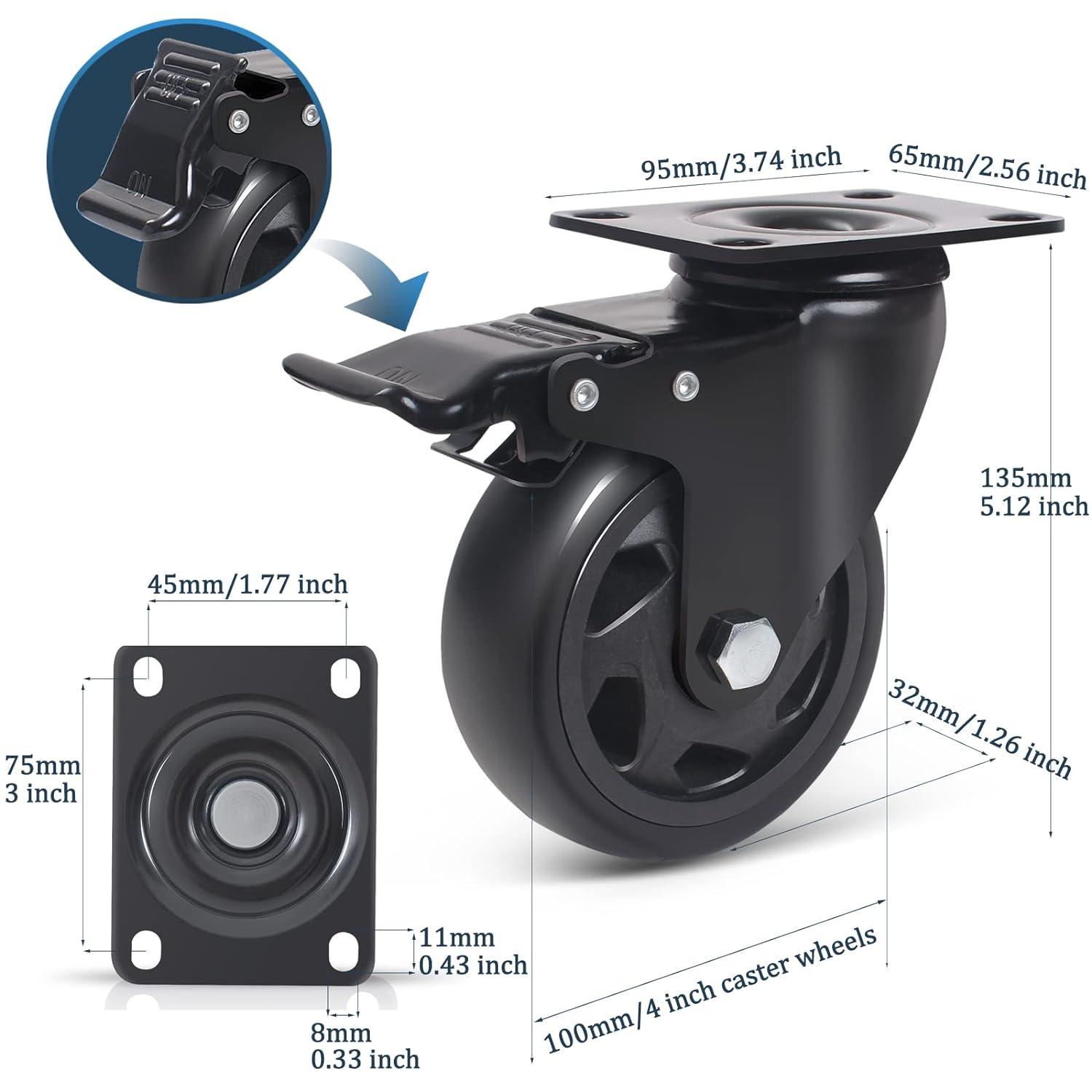 4-Inch Black Polyurethane Heavy Duty Caster Wheels Set