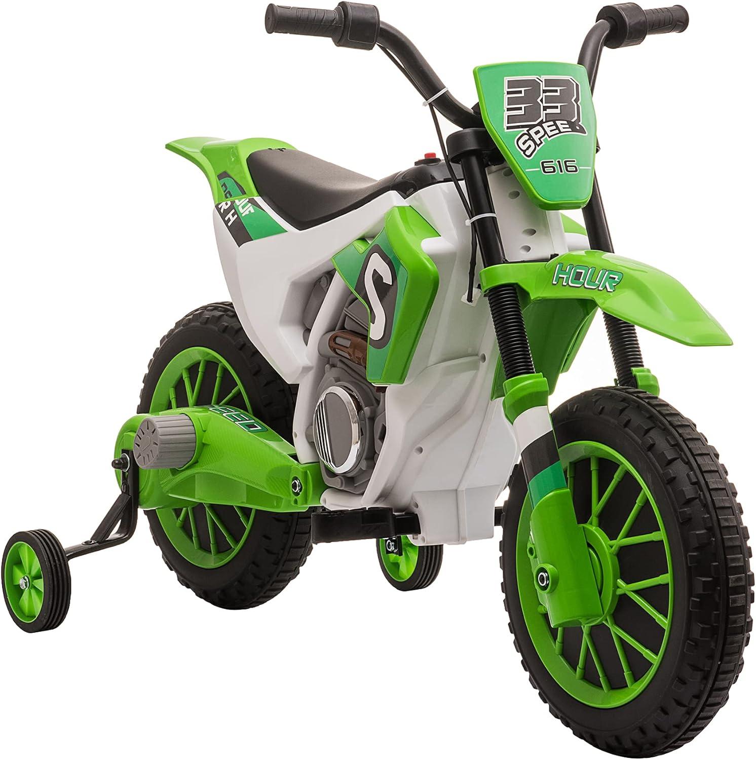 Green 12V Kids Electric Motorcycle with Training Wheels