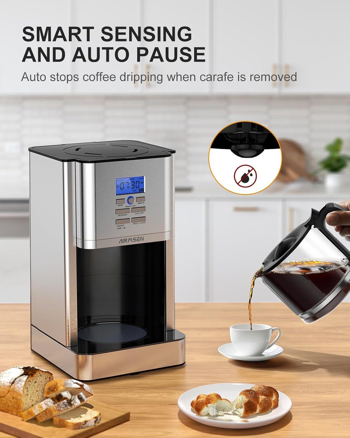 AIRMSEN Stainless Steel 12 Cup Drip Coffee Maker, Programmable Coffee Machine Self-Cleaning