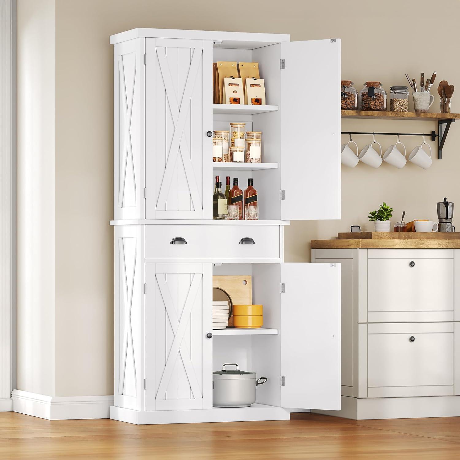 Gracie Oaks Sneyd 72" H Wood Farmhouse Kitchen Pantry Cabinet with Adjustable Shelves & Drawer