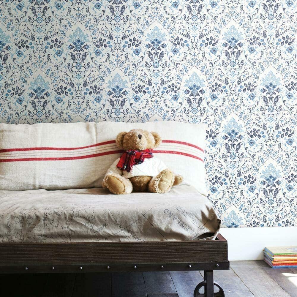 Blue and White Vinyl Damask Peel and Stick Wallpaper