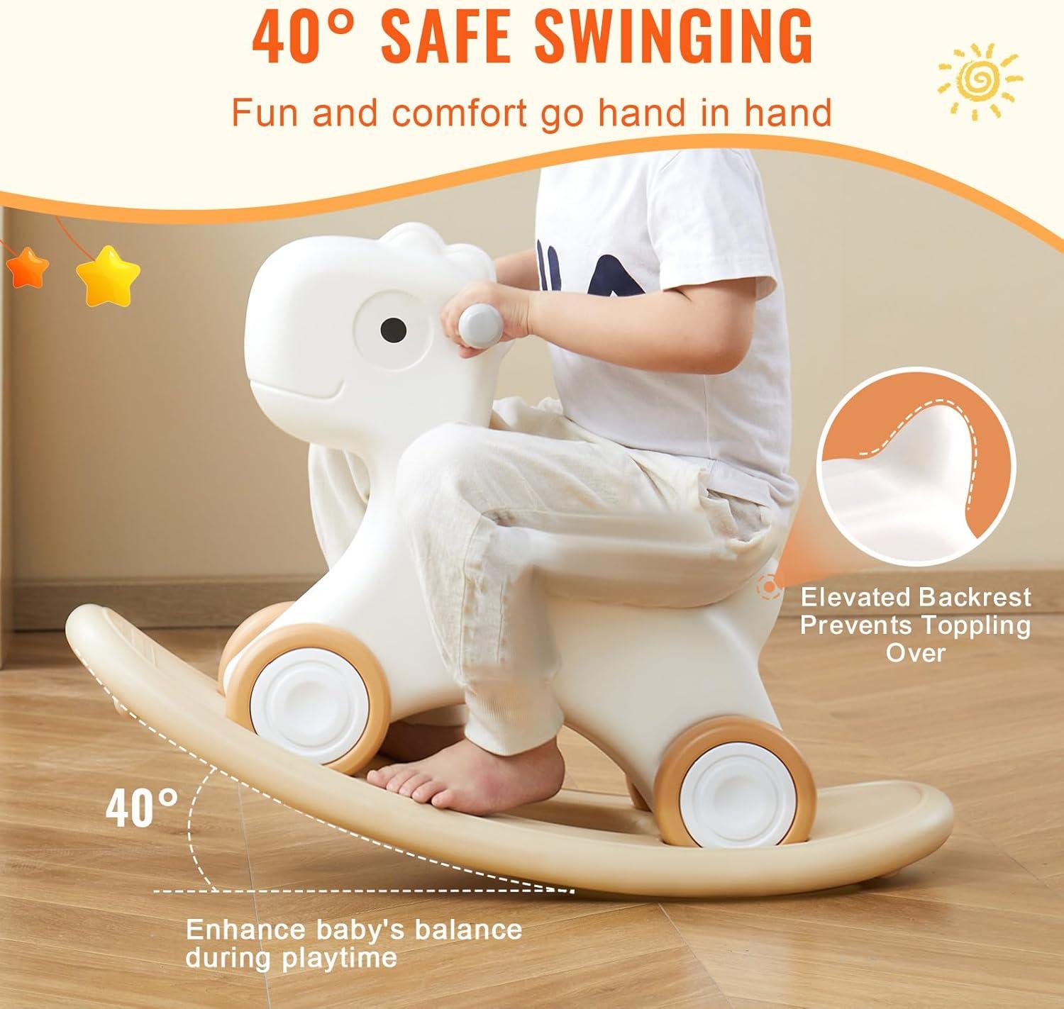 3 in 1 Rocking Horse for Toddlers 1-3 Years, Baby Rocking Horse with Detachable Balance Board and 4 Smooth Wheels, Support up to HDPE Material 80 lbs Kids Ride on Toy, 40 Swinging, White