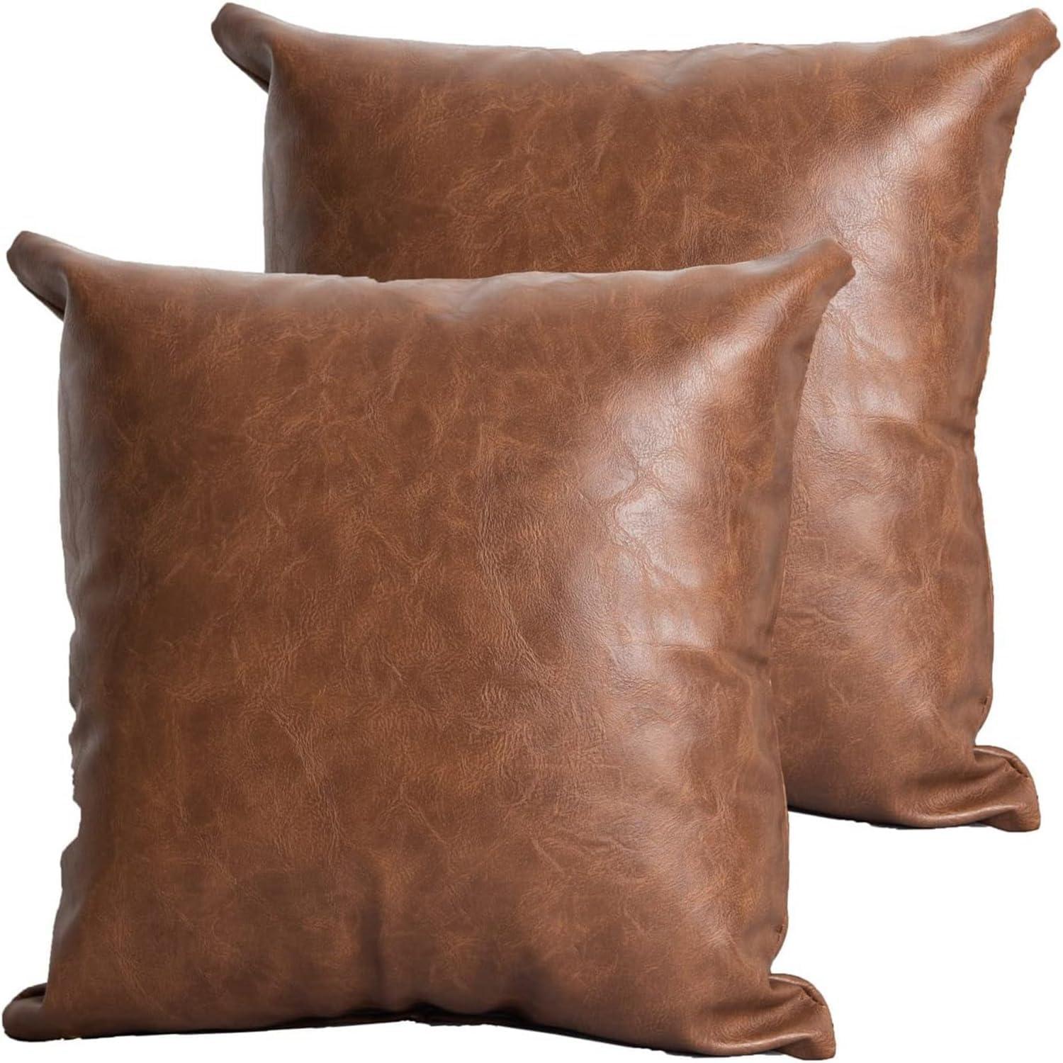 Faux Leather Throw Pillow Covers 18X18 Inch Set of 2 Brown Outdoor Modern Farmhouse Solid Decorative Pillow Covers for Room Couch Living Bedroom Bed Sofa